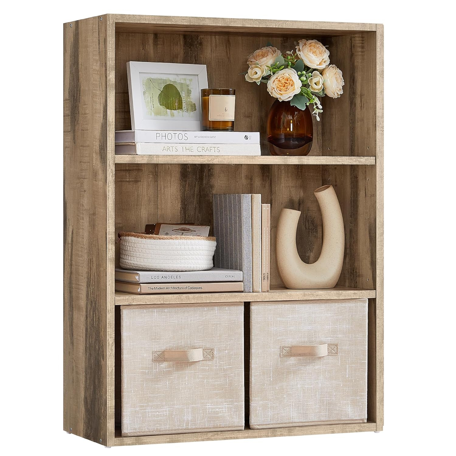 Cube Storage Organizer 3-Tier Bookshelf Bookcase with Adjustable Storage Shelves Rustic Brown