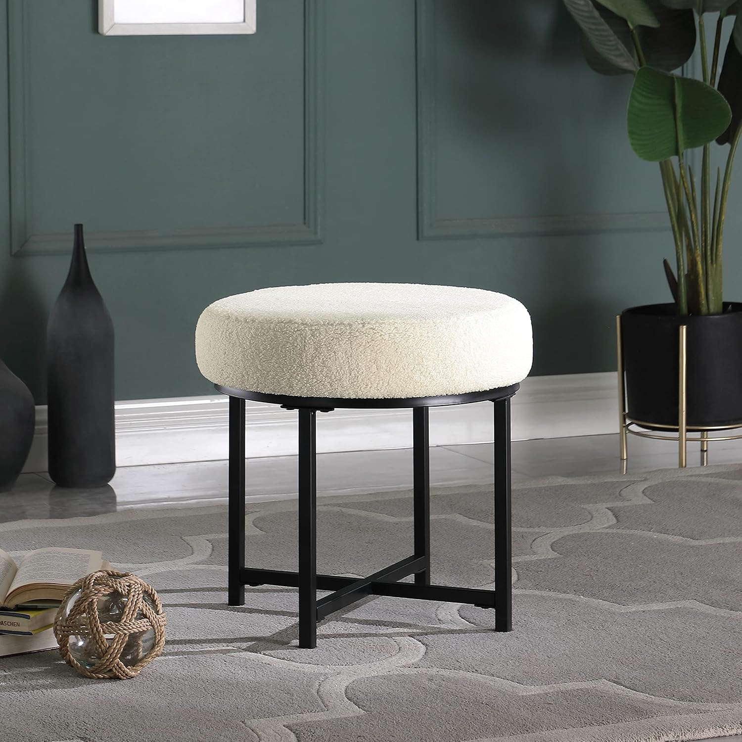 HomePop Home Decor | Faux Fur Round Ottoman Stool | Faux Fur Stool Ottoman for Living Room & Bedroom | Decorative Home Furniture, Cream Faux Sheepskin