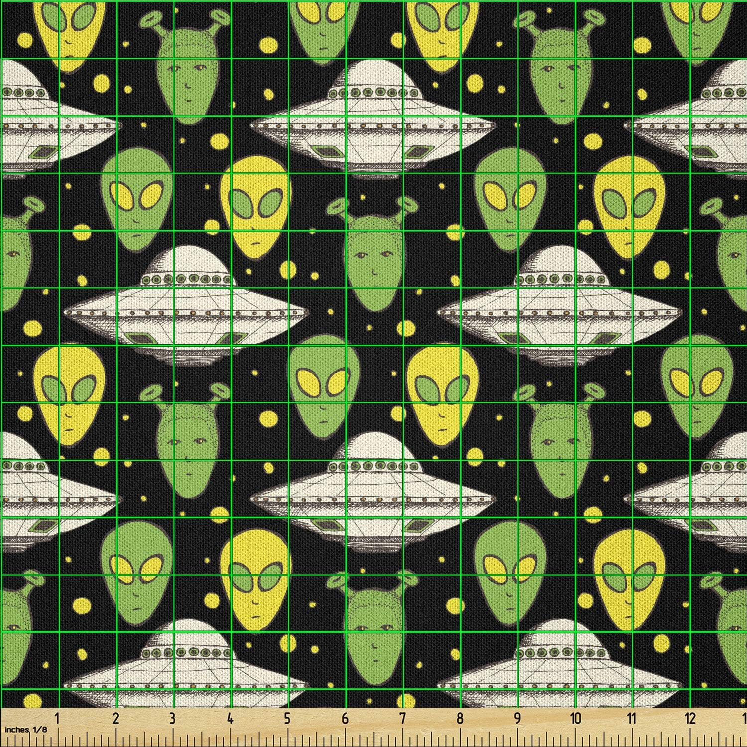 Alien Fabric by The Yard, Sketch Style Portraits Dotted Background Space Crafts Transportation, Microfiber Fabric for Arts and Crafts Textiles & Decor, 1 Yard, Apple Green, by Ambesonne