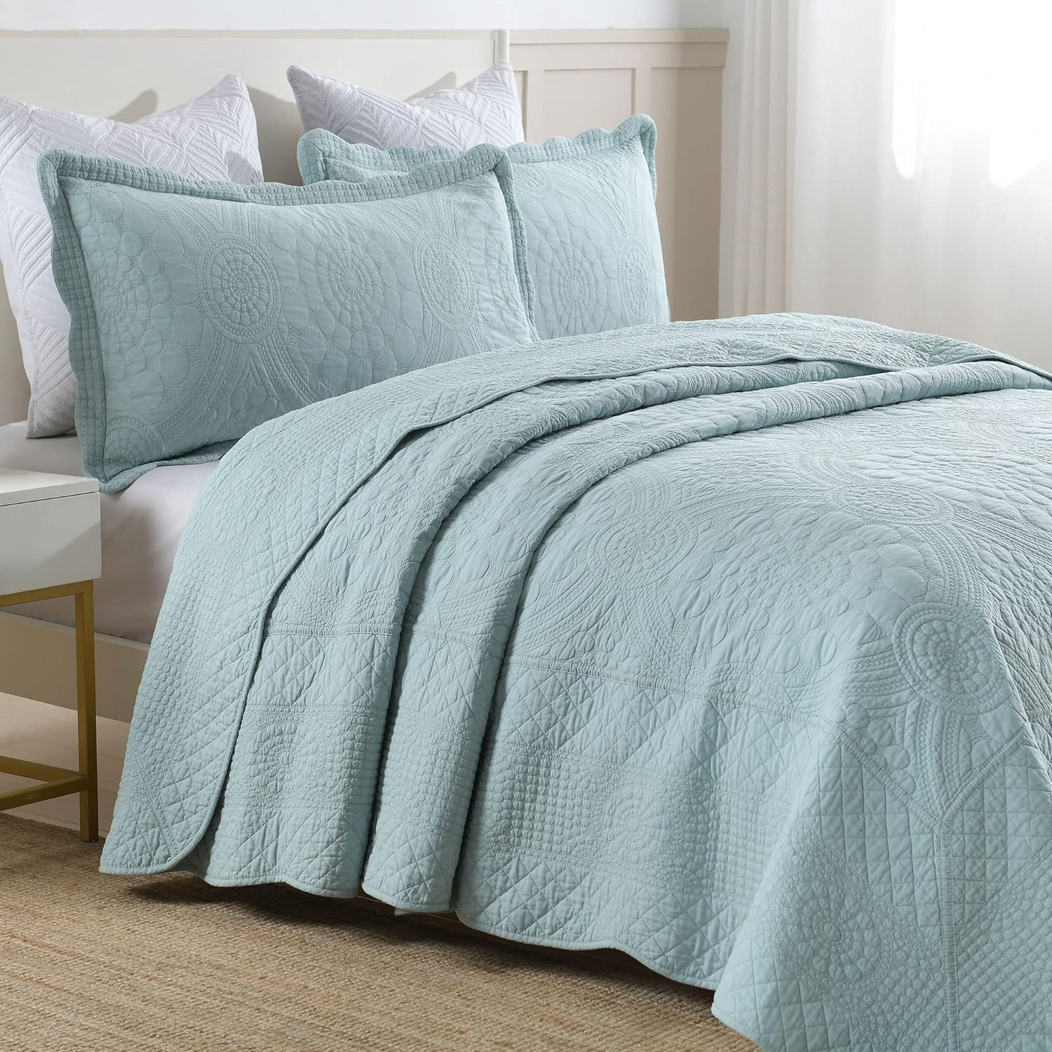 MarCielo  3Pcs 100% Cotton Oversized Quilt Bedspread Coverlet Set TF Angel Blue - Oversized Queen