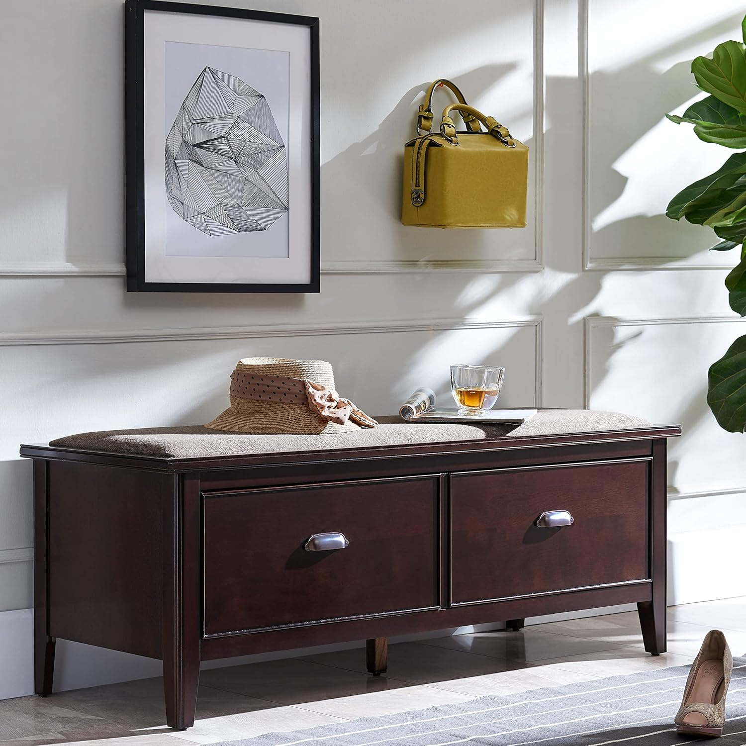 Leick Home 10523 Laurent Drop Front Entryway Bench with Upholstered Seat, Chocolate Cherry/Greige