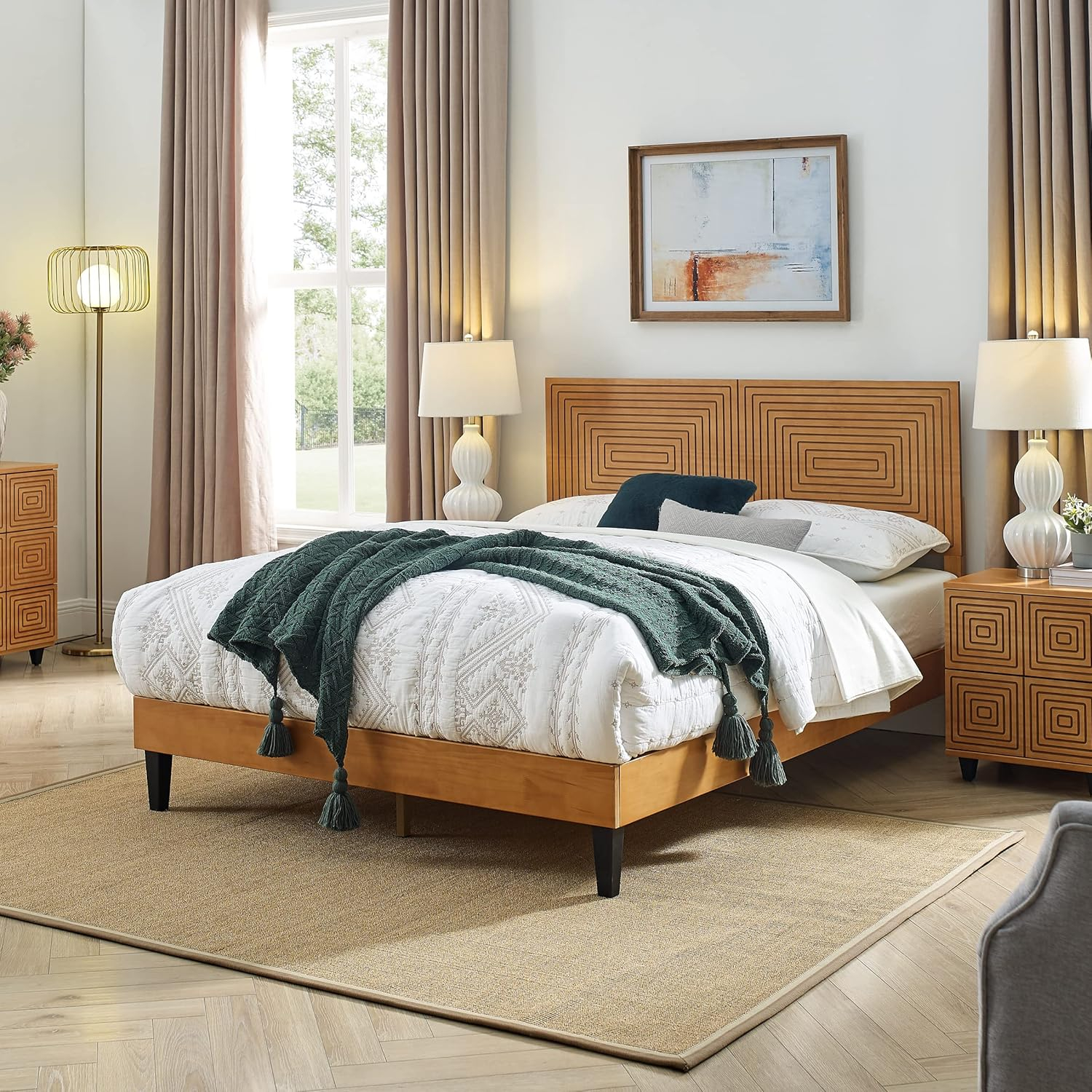 MUSEHOMEINC Solid Wood Queen Size Bed Frame with Adjustable Height Headboard, Mid Century Modern Style, Mattress Foundation with Wooden Slat Support,No Box Spring Needed,Easy Assembly (Queen)