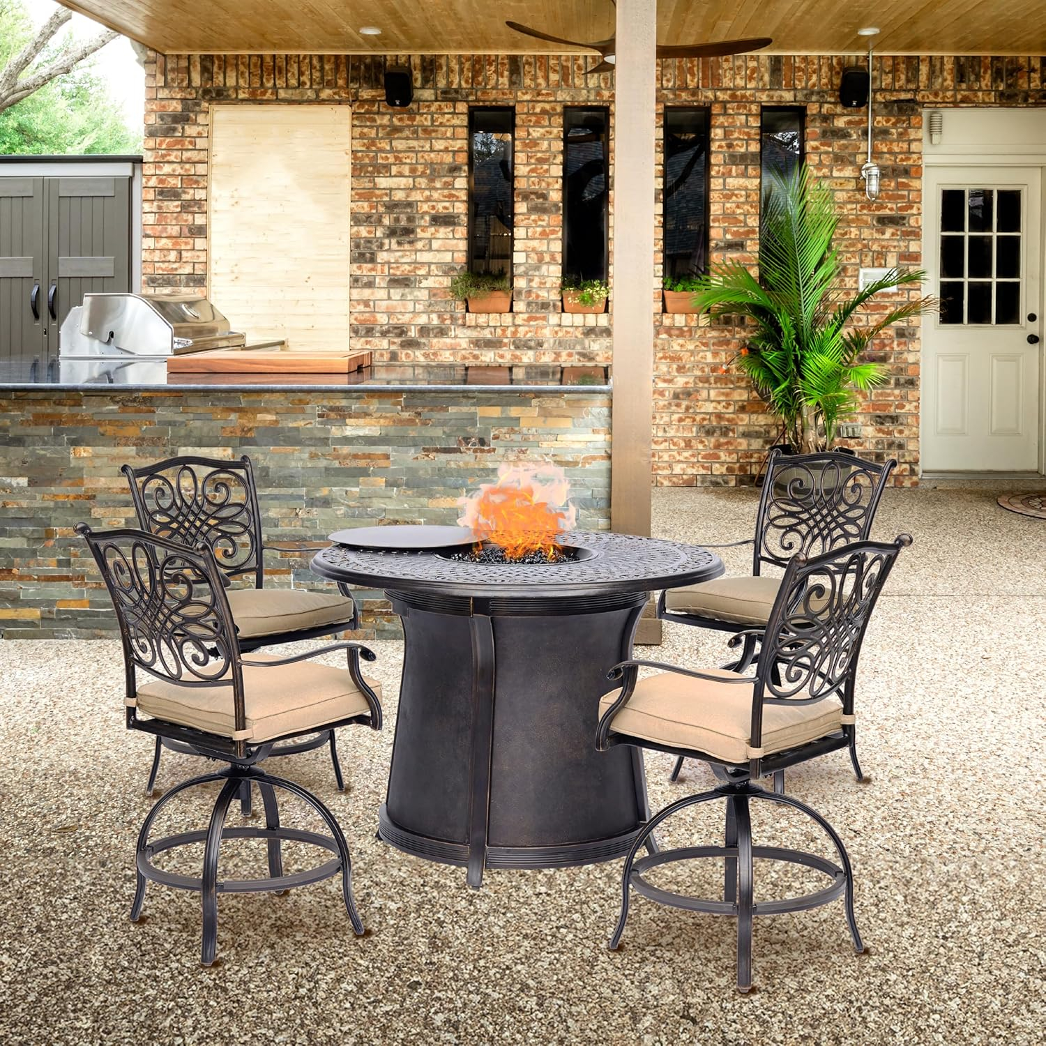 Hanover Traditions 5-Piece High-Dining Set in Tan with 4 Swivel Chairs and a 40,000 BTU Cast-top Fire Pit Table