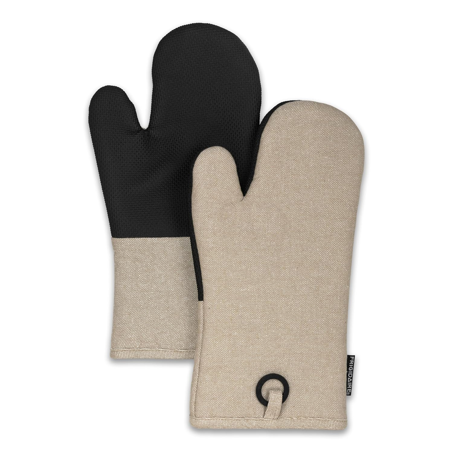 Frigidaire Sasha Cotton and Neoprene Oven Mitts, Heat Resistant, Anti-Slip, Machine Washable,13”x7”,Beige,Set of 2