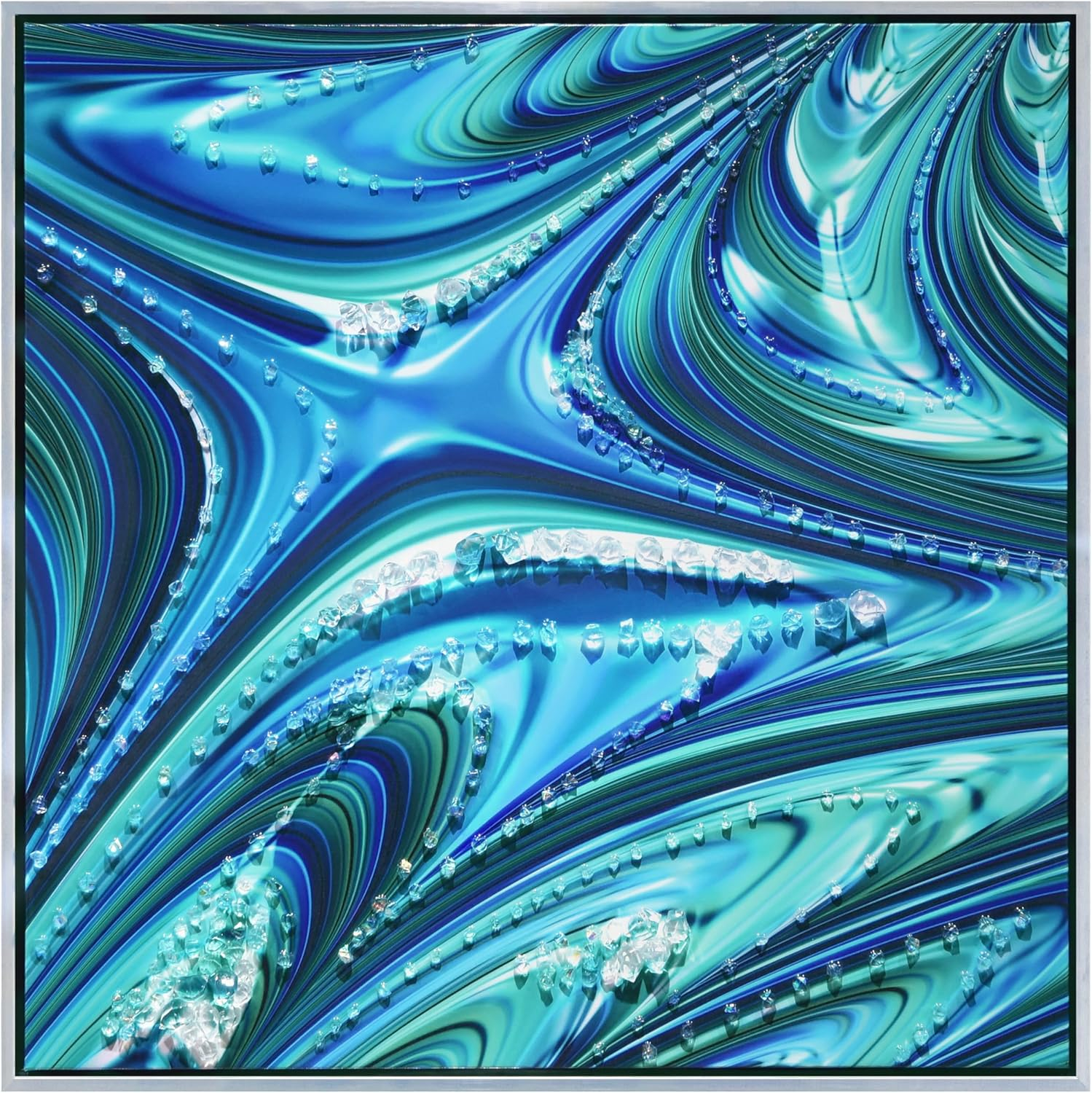 "Ocean Waves II" Crystallus Epoxy Coated Wrapped Framed Glossy Blue Canvas Wall Art with Heavy Acrylic Crystal Shards Embellishments