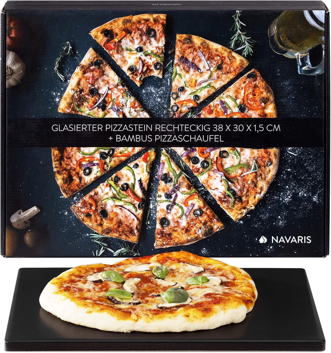 Navaris XL Pizza Stone for Baking - Glazed Square Cordierite Stone Plate for BBQ Grill Oven, Bake Serve Bread - Incl. Recipe Book - 15" x 11.8" x 0.6"