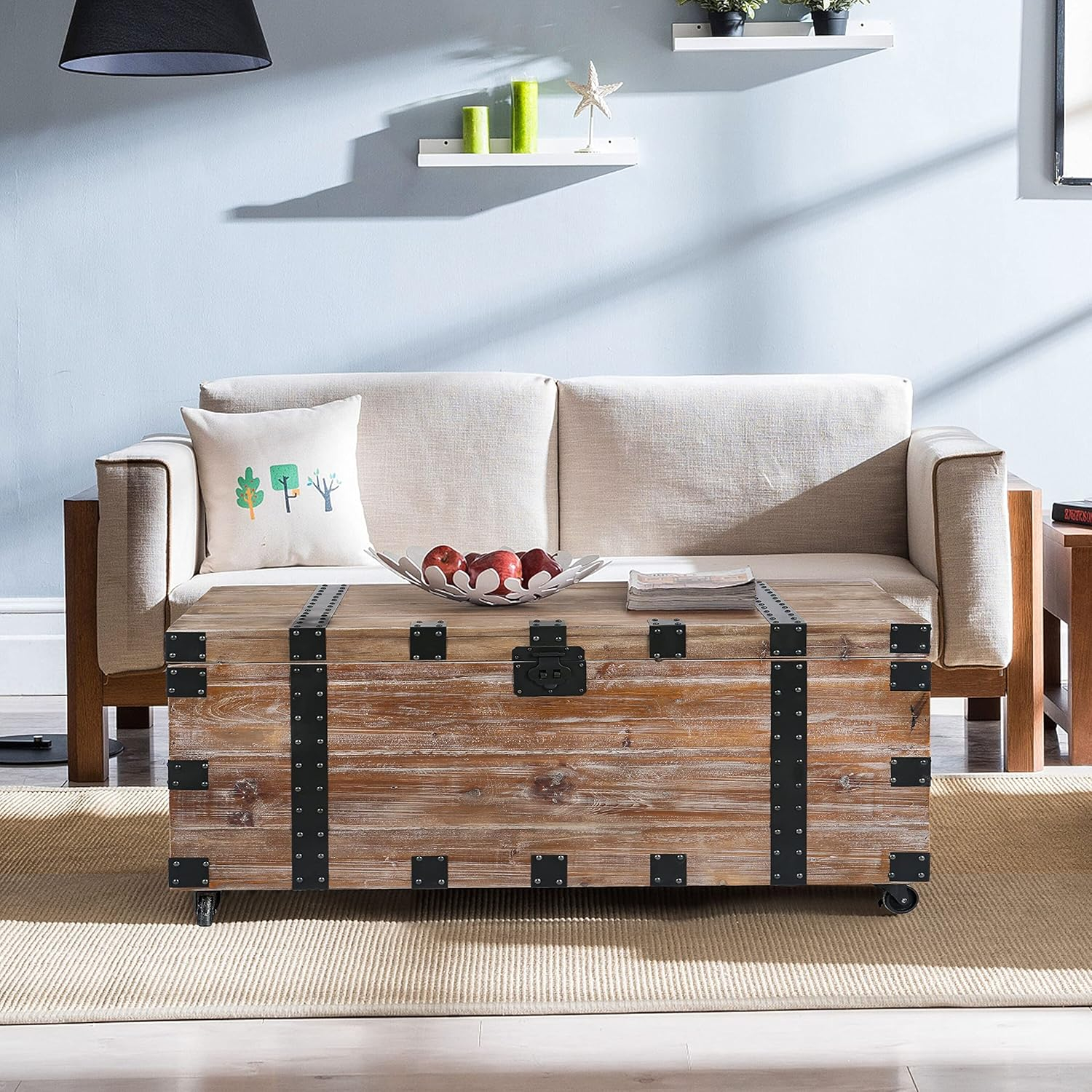 Antique Gray Reclaimed Wood Storage Trunk and Side Tables Set