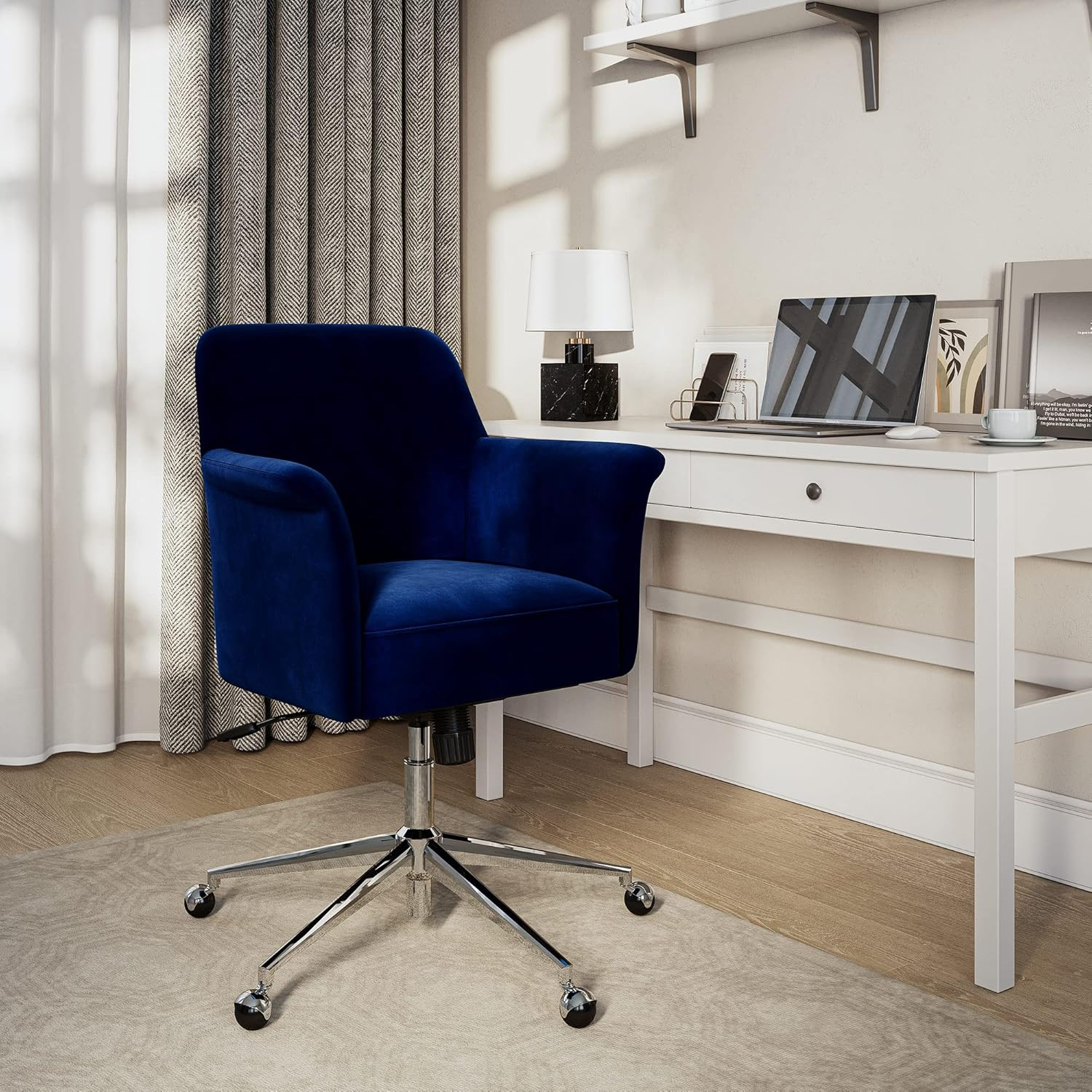 BELLEZE Modern Upholstered Velvet Desk Chair, Rolling Swivel Office Or Vanity Seating, Stylish Comfy Armchair With Easily Adjustable Height - Peyton (Blue)