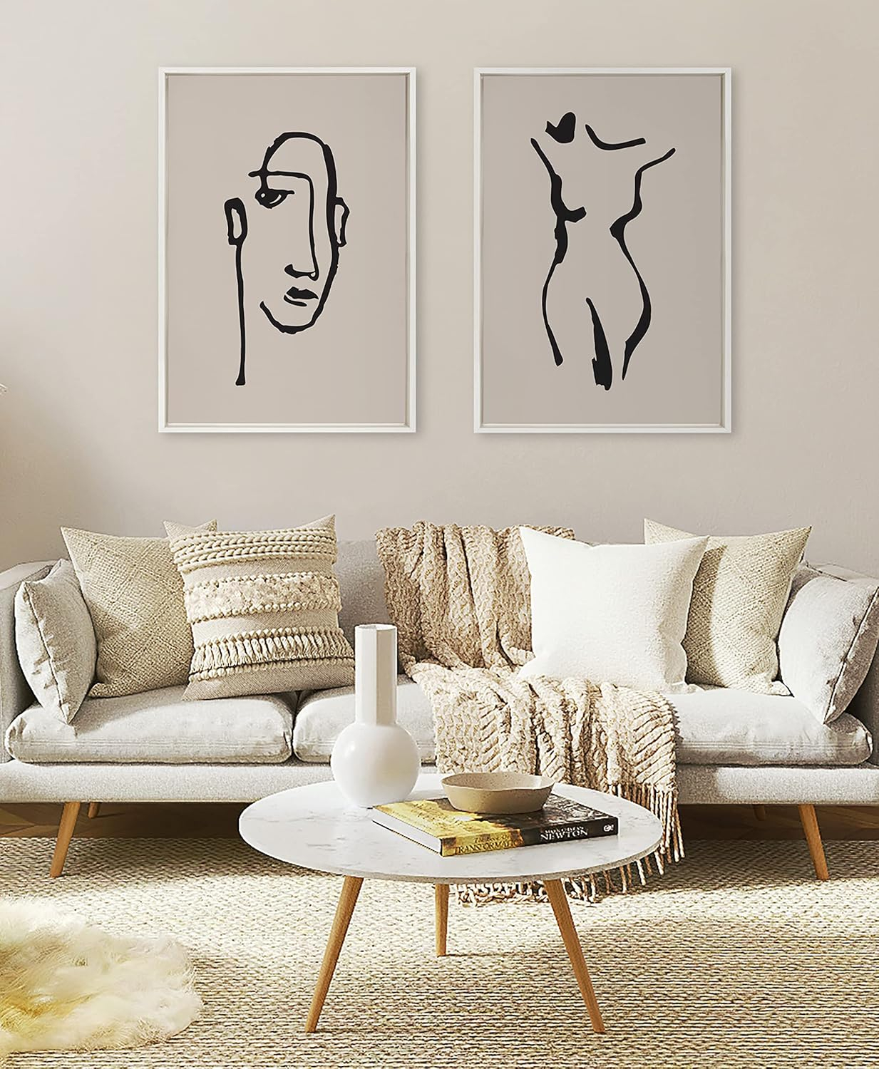 Kate and Laurel Sylvie Minimalist Neutral Line Art Drawing Face Framed Canvas Wall Art by The Creative Bunch Studio, 23x33 White, Modern Abstract Face Line Drawing Wall Decor