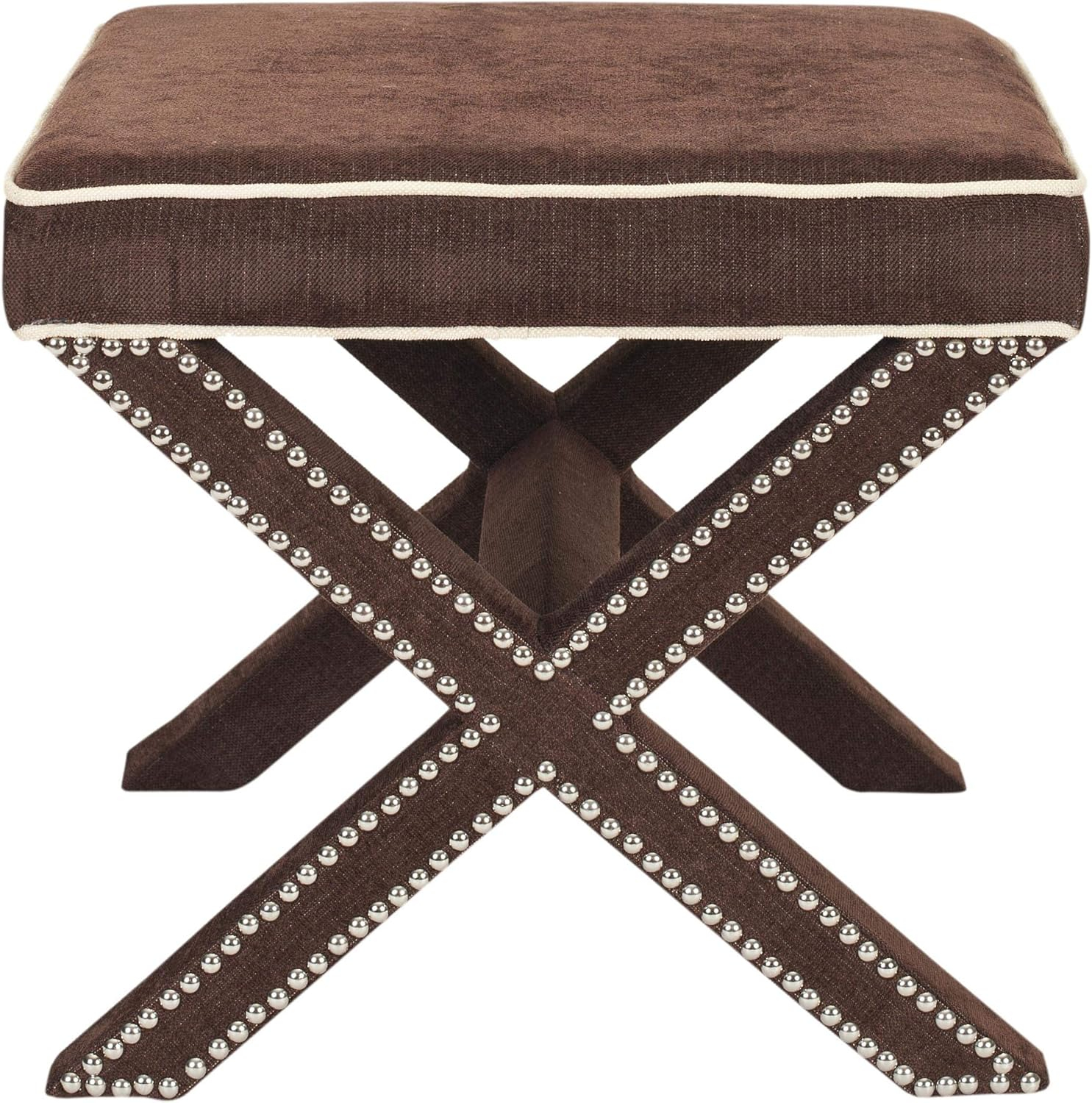 Safavieh Home Collection Palmer Chocolate Brown with Silver Nailhead Trim X-Bench Ottoman