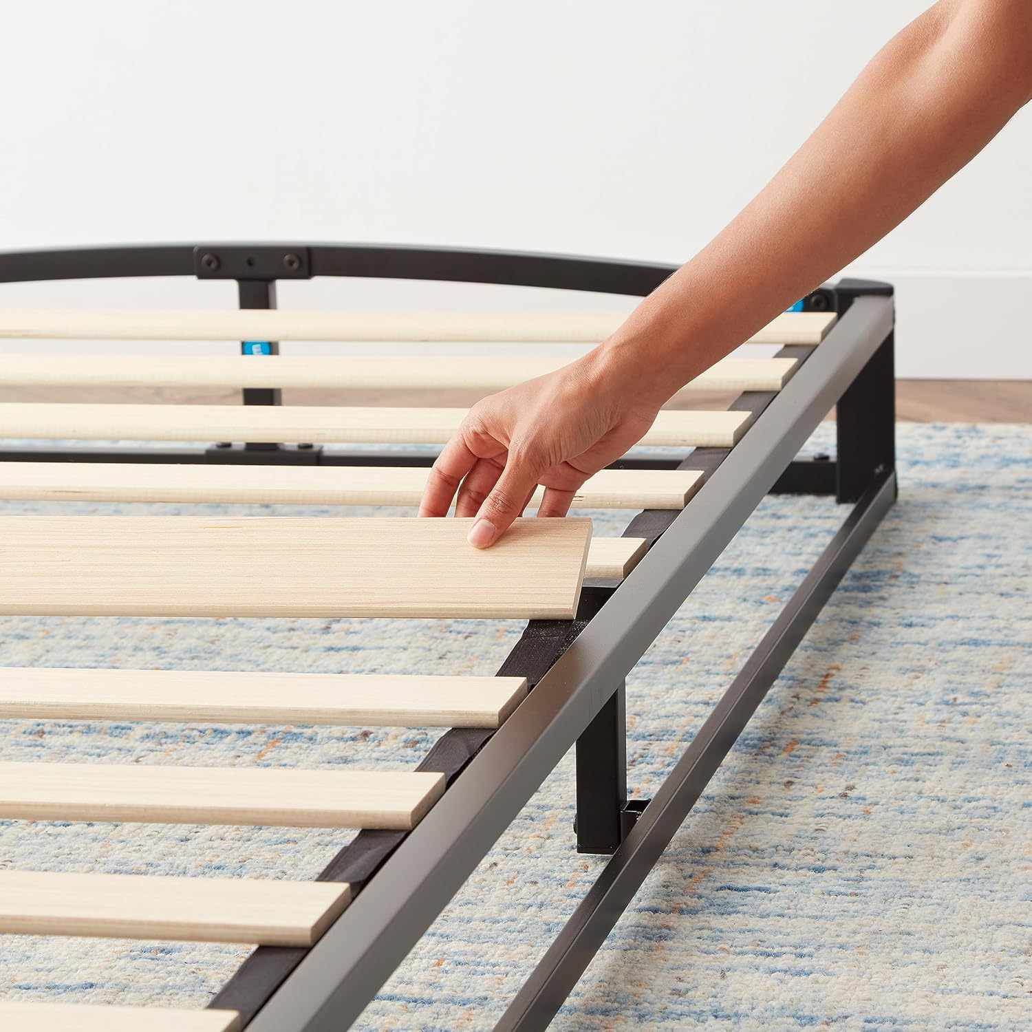 Amazon Basics Metal Platform Bed Frame, with Wood Slat Support, 6 inches High, Queen, Black
