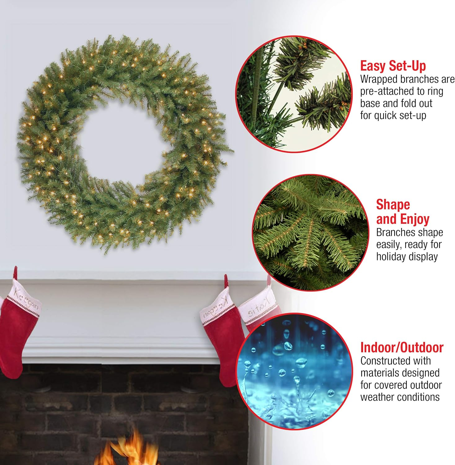 National Tree Company Pre-Lit Artificial Christmas Wreath, Green, Norwood Fir, White Lights, Christmas Collection, 48 Inches