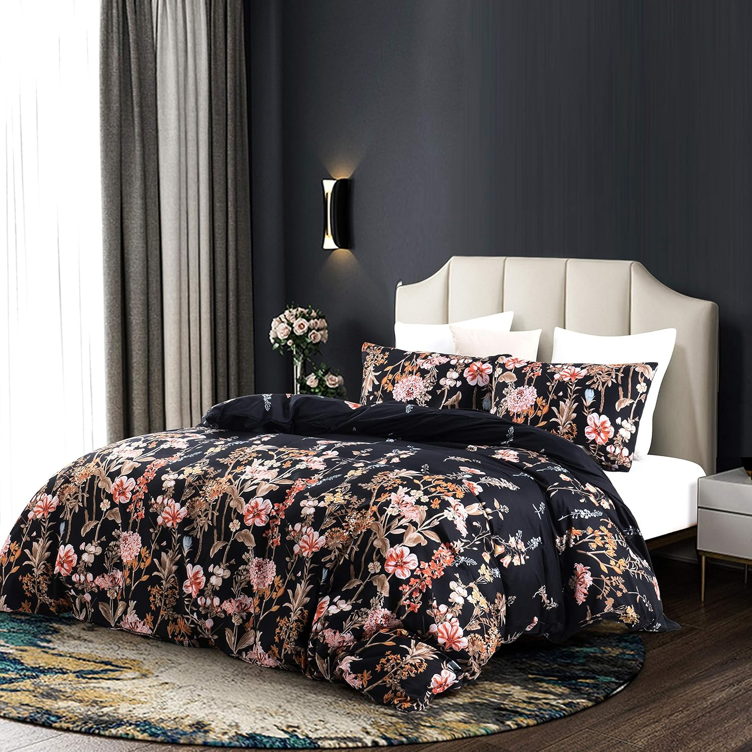 GETIANN Black Floral Duvet Cover Set Twin Comforter Cover Set 2 Pieces Bedding (1 Comforter Cover 68"x90" with 1 Pillow Sham) Soft Lightweight Bedding Set Hotel Quality