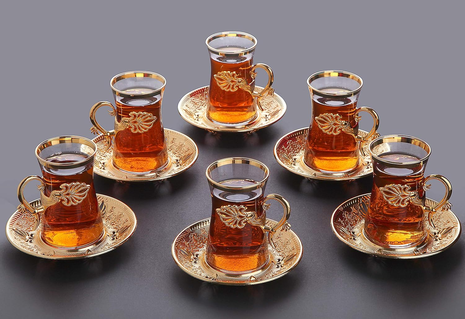 Sefa Turkish Tea Glass Set of 6 | Turkish Tea Glasses with Holders | Turkish Tea Glasses with Saucers | Turkish Tea Cups, Gold, 5 oz
