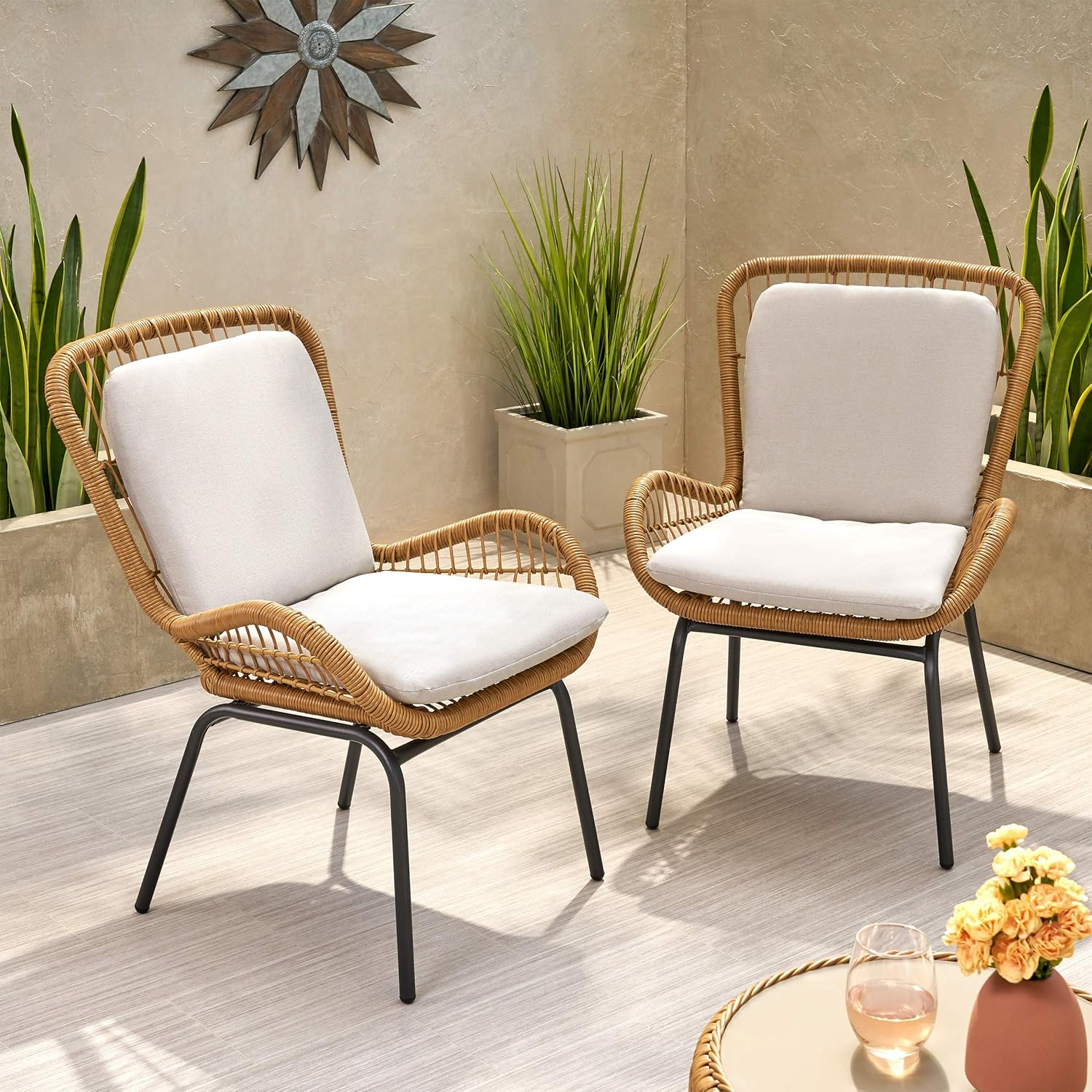 GDF Studio Malden Outdoor Wicker Club Chairs with Cushions, Set of 2, Iron, Beige, and Black