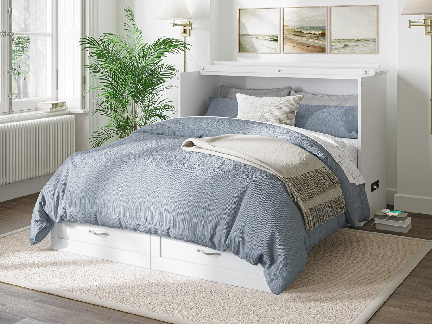 AFI Hamilton Full Solid Wood Murphy Bed Chest with Built-In Charger in White