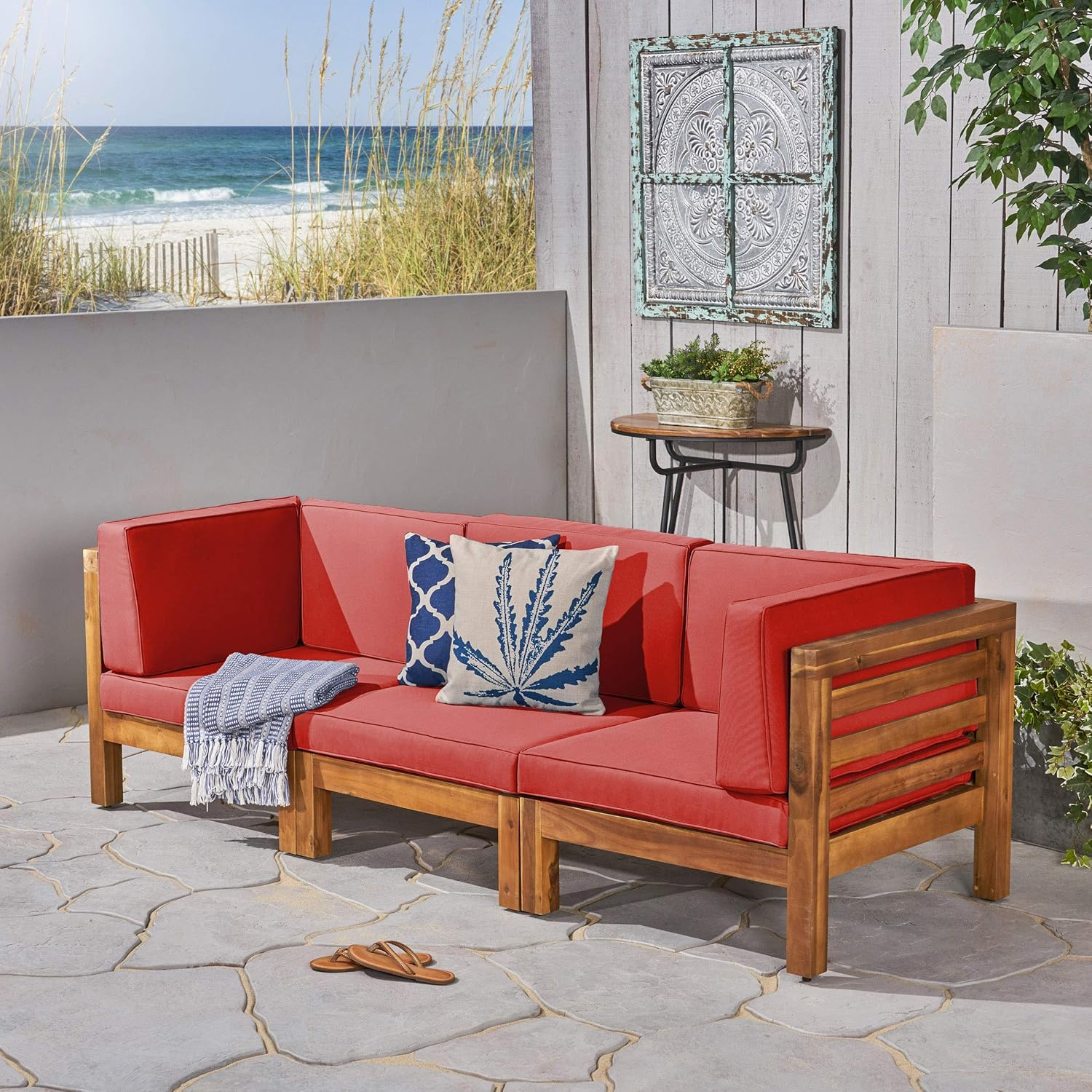 Teak and Red Acacia Wood 3-Seater Outdoor Sectional Sofa