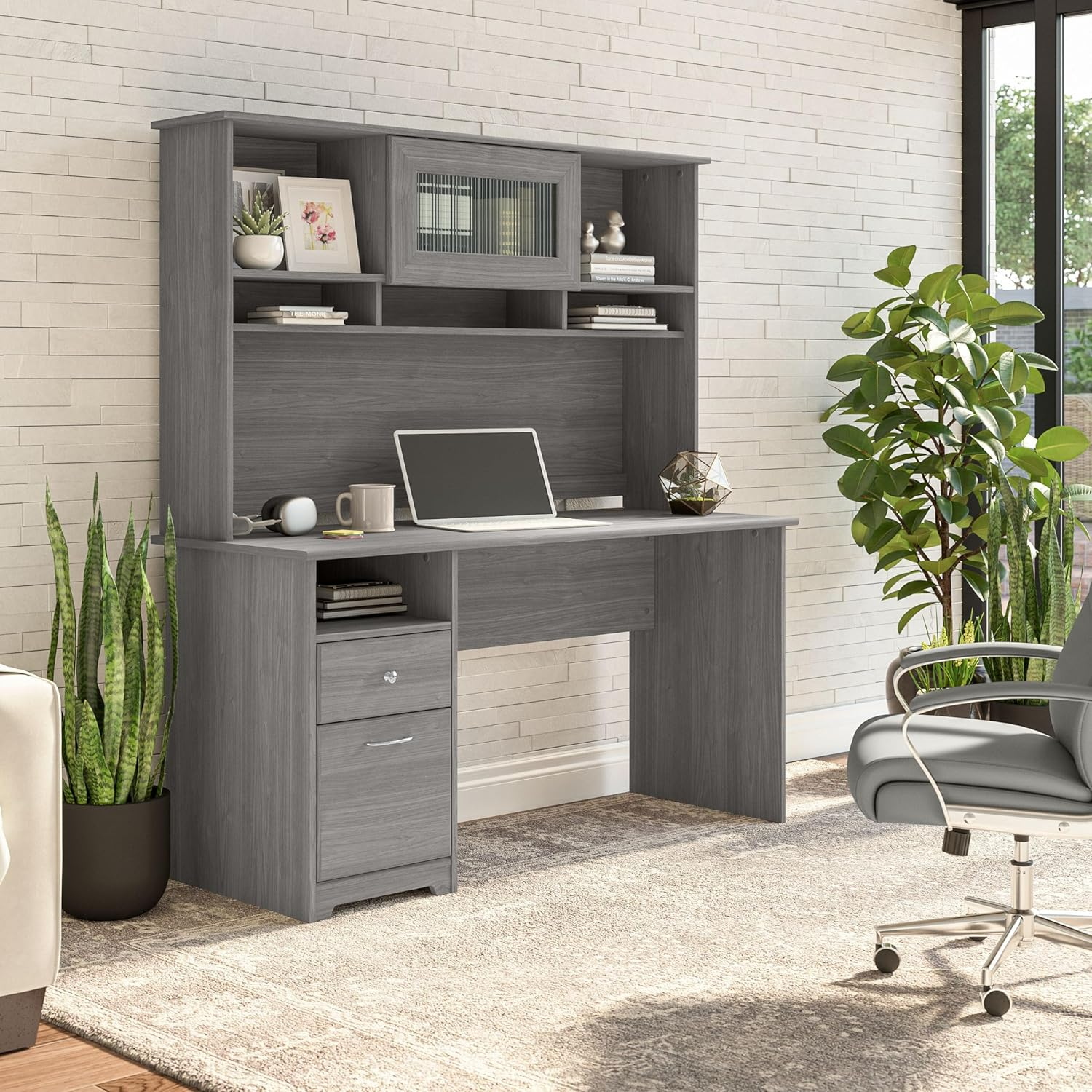 Cabot 60W Computer Desk with Hutch in Modern Gray - Engineered Wood