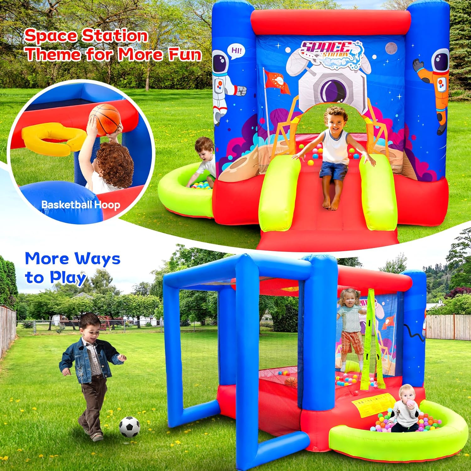 Inflatable Bounce House with Slide, Jumping Castle with Blower for Kids Play House with Wave Pool