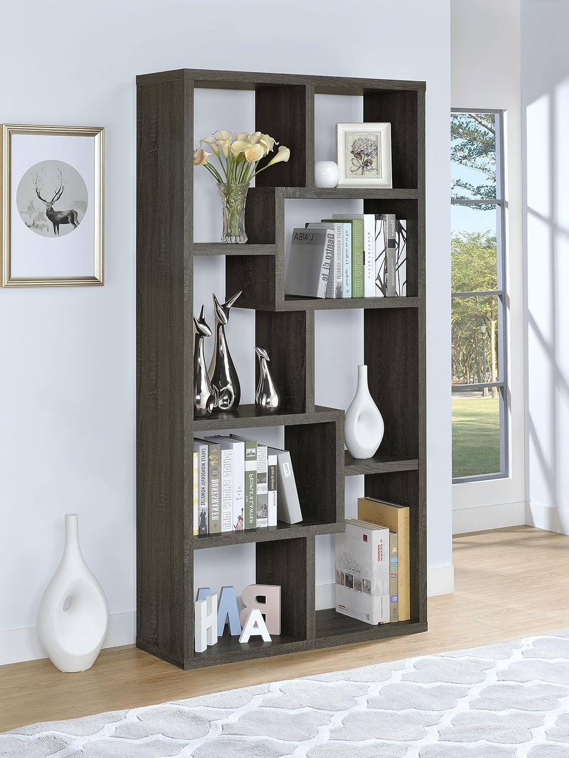 Coaster 10-Shelf Transitional Wood Geometric Bookcase in Gray