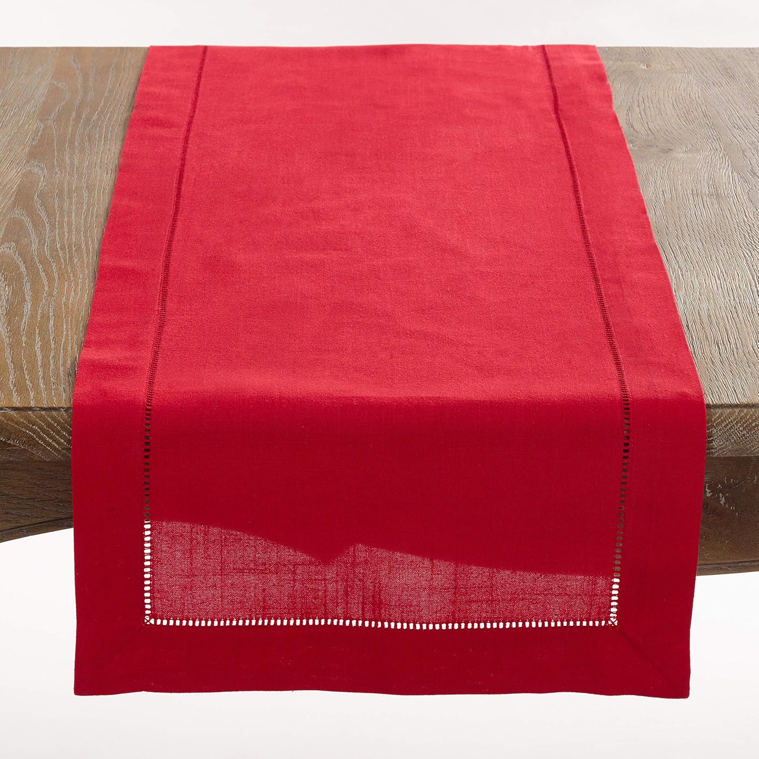 Saro Lifestyle Classic Hemstitch Border Table Runner, Red, 16"x 120"