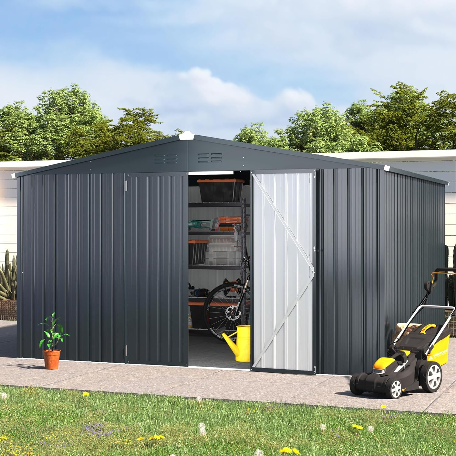 AECOJOY 12' x 10' Outdoor Storage Shed with Lockable Door Patio Metal Garden Storage Building in Dark Gray for Outside