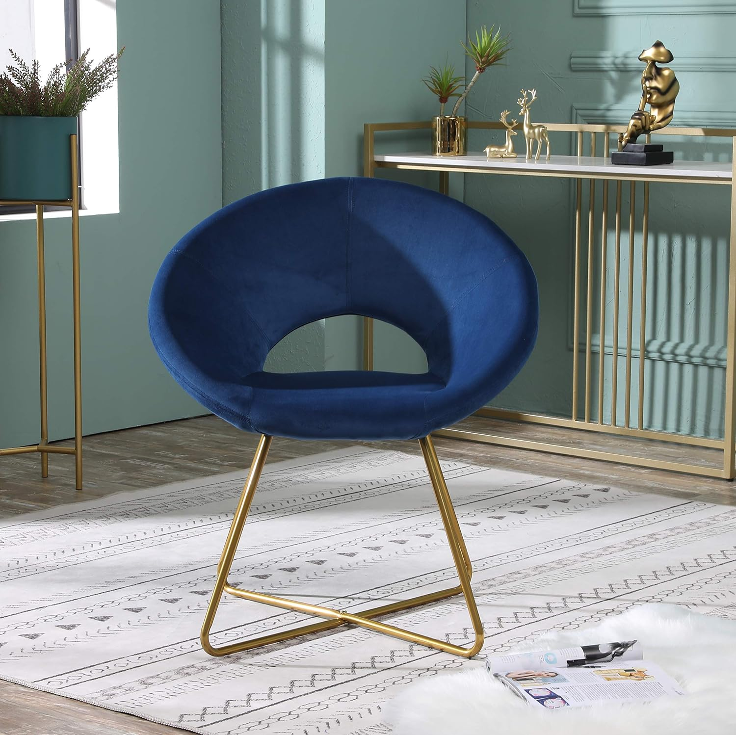 Roundhill Furniture Slatina Silky Velvet Upholstered Accent Chair with Gold Tone Finished Base, Blue