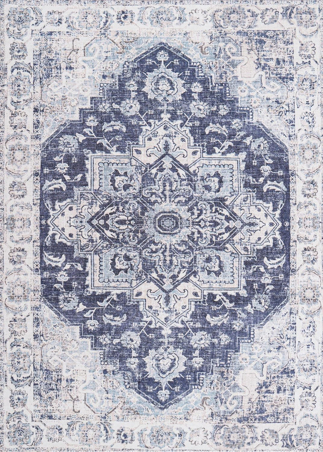 Washable Area Rug 5x7, Blue Rug for Living Room, Non Slip Low Pile Carpet for Bedroom, Dinning Room (Vintage Blue, 5'x7')