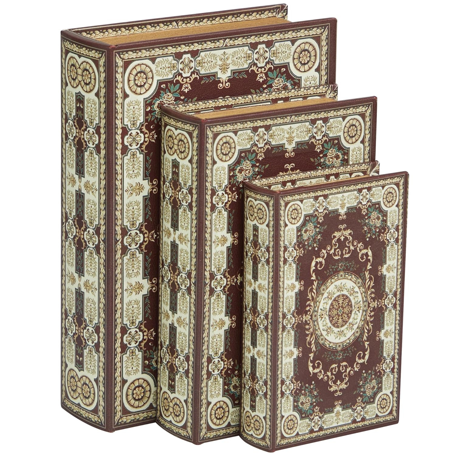 Deco 79 Canvas Decorative Box Storage Book Book Shaped Boxes with Arabesque Pattern and Gold Page Inspired Detail, Set of 3 Decorative Keepsake Boxes 12, 10, 8" H, Red