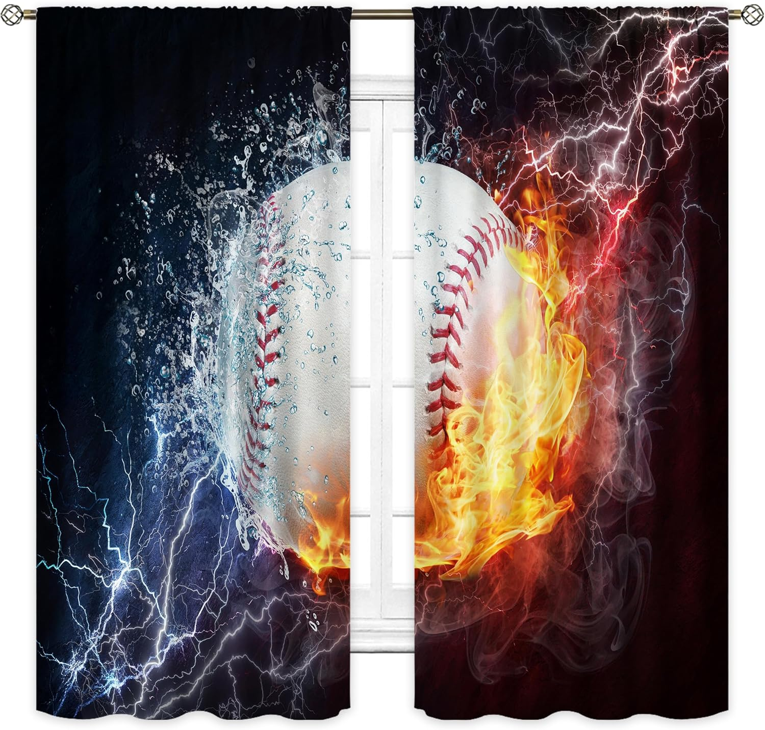 Cinbloo Baseball Curtains Sports Theme for Men 42W x 63L Inch Rod Pocket Ball in Fire Water Flame Lightening Boys Kids Bedroom Decor Art Printed Living Room Window Drapes Treatment Fabric 2 Panels