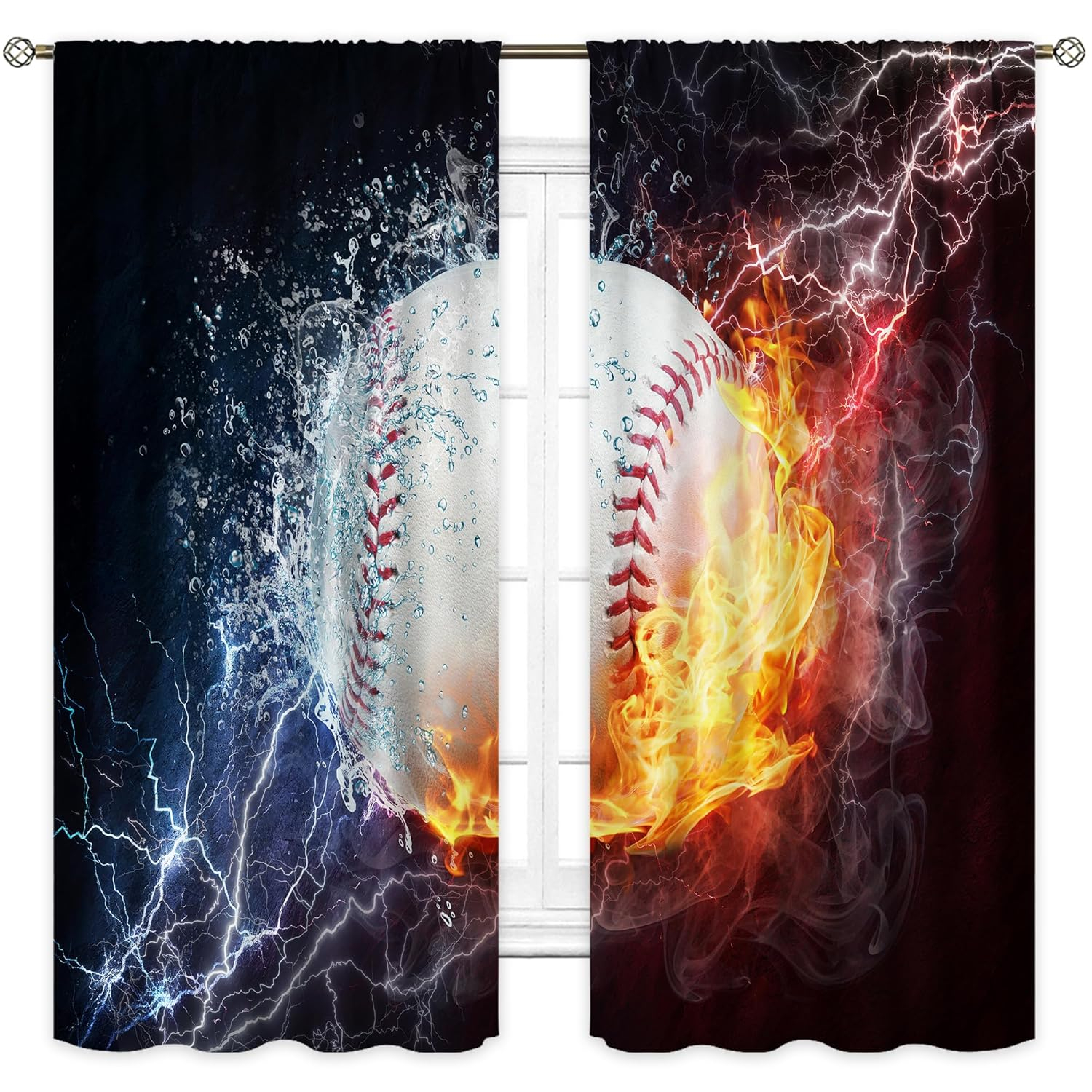 Cinbloo Baseball Curtains Sports Theme for Men 42W x 63L Inch Rod Pocket Ball in Fire Water Flame Lightening Boys Kids Bedroom Decor Art Printed Living Room Window Drapes Treatment Fabric 2 Panels