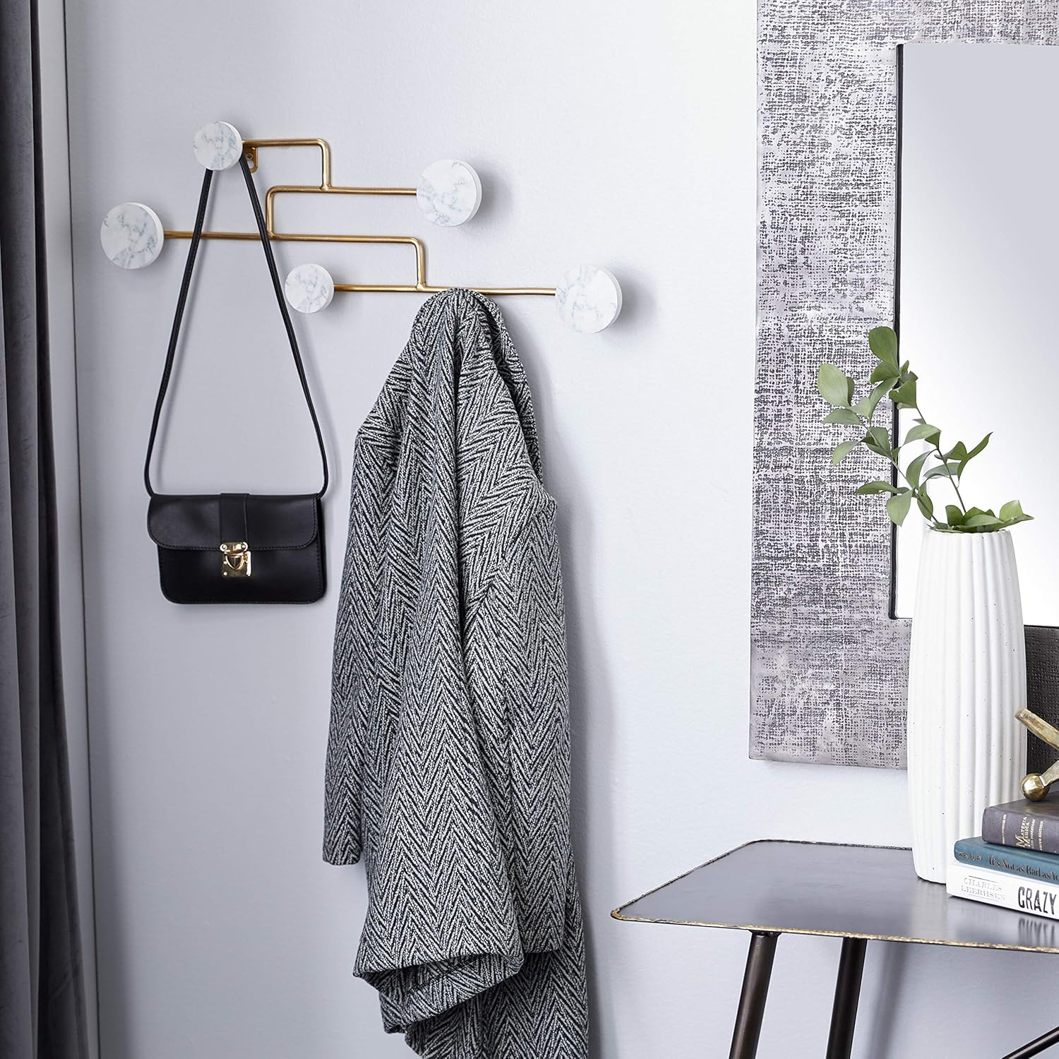 DecMode 24" x 7" Gold Wooden 6 Hangers Wall Hook, 1-Piece