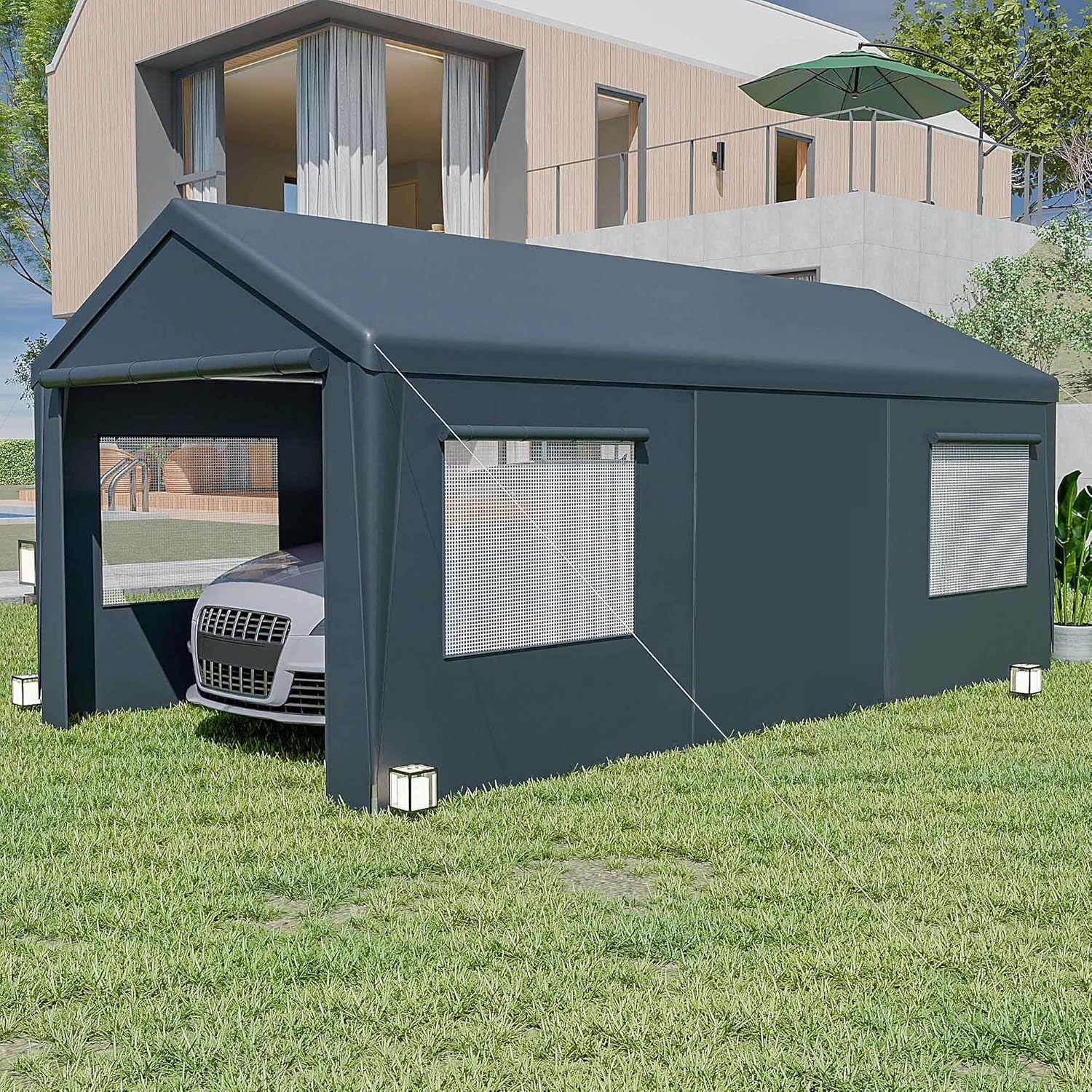 10x20ft Carport Portable Garage, Heavy Duty Carport Canopy with 2 Rolling Doors and 4 Ventilation Windows for Cars, Trucks, Boats, Garden Tools