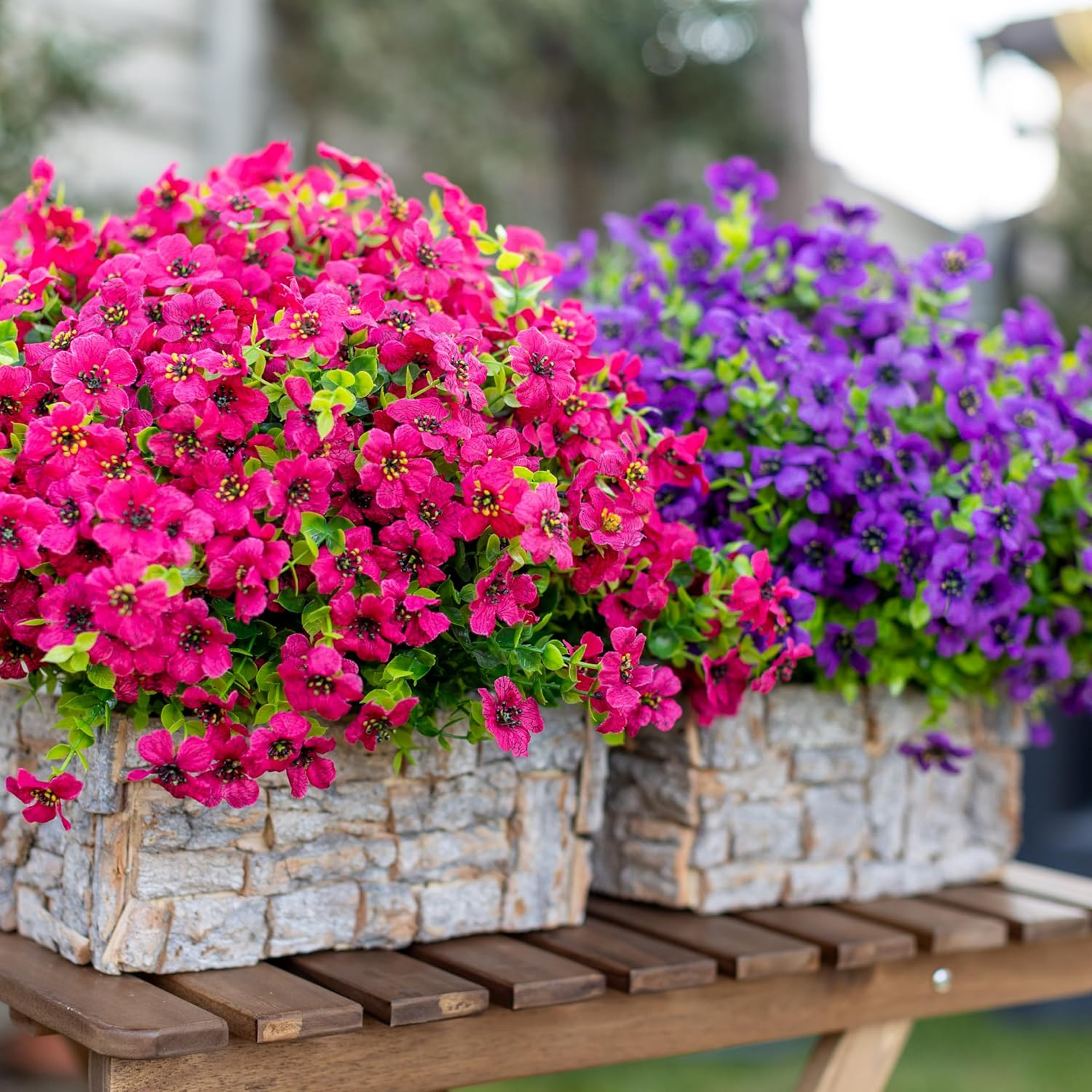 Artificial Flowers for Outdoors Fake Plants - 16 Bundles Faux Outside Greenery Boxwood No Fade Plastic Shrubs Fall Decor Farmhouse Home Garden Thanksgiving Mums (Red)