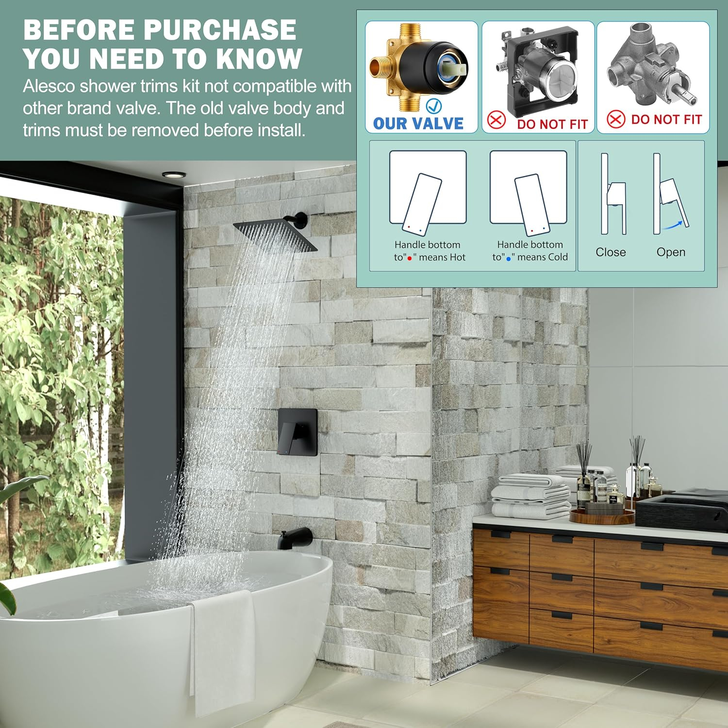 Alesco Shower Faucet Set, Black Tub Shower Faucet with 8-Inch Showerhead and Bathtub Spout, Showerhead and Handle Set Include Valve and Trim Kit, Matte Black