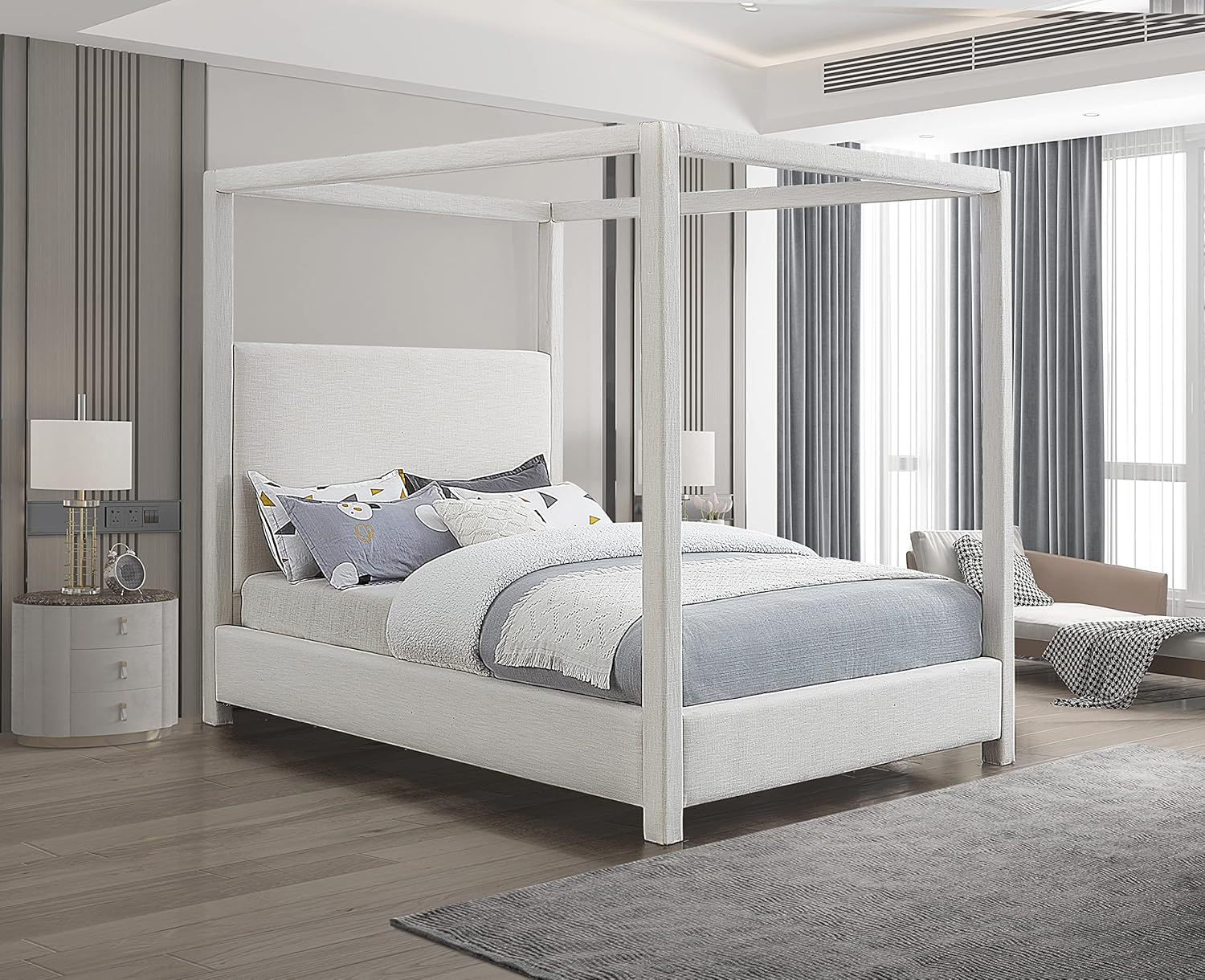 Meridian Furniture Emerson Cream Linen Textured Fabric Queen Bed