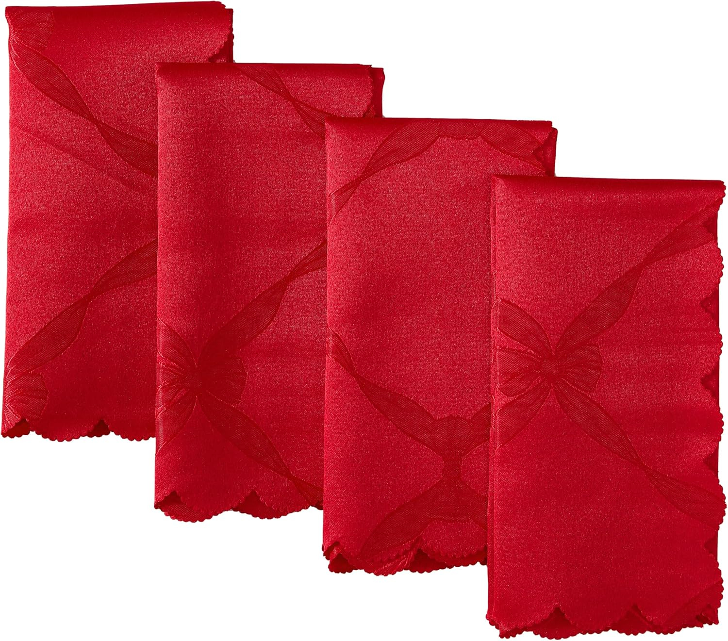 Christmas Holiday Red Ribbons and Bows Damask Set of 4 Fabric Napkins