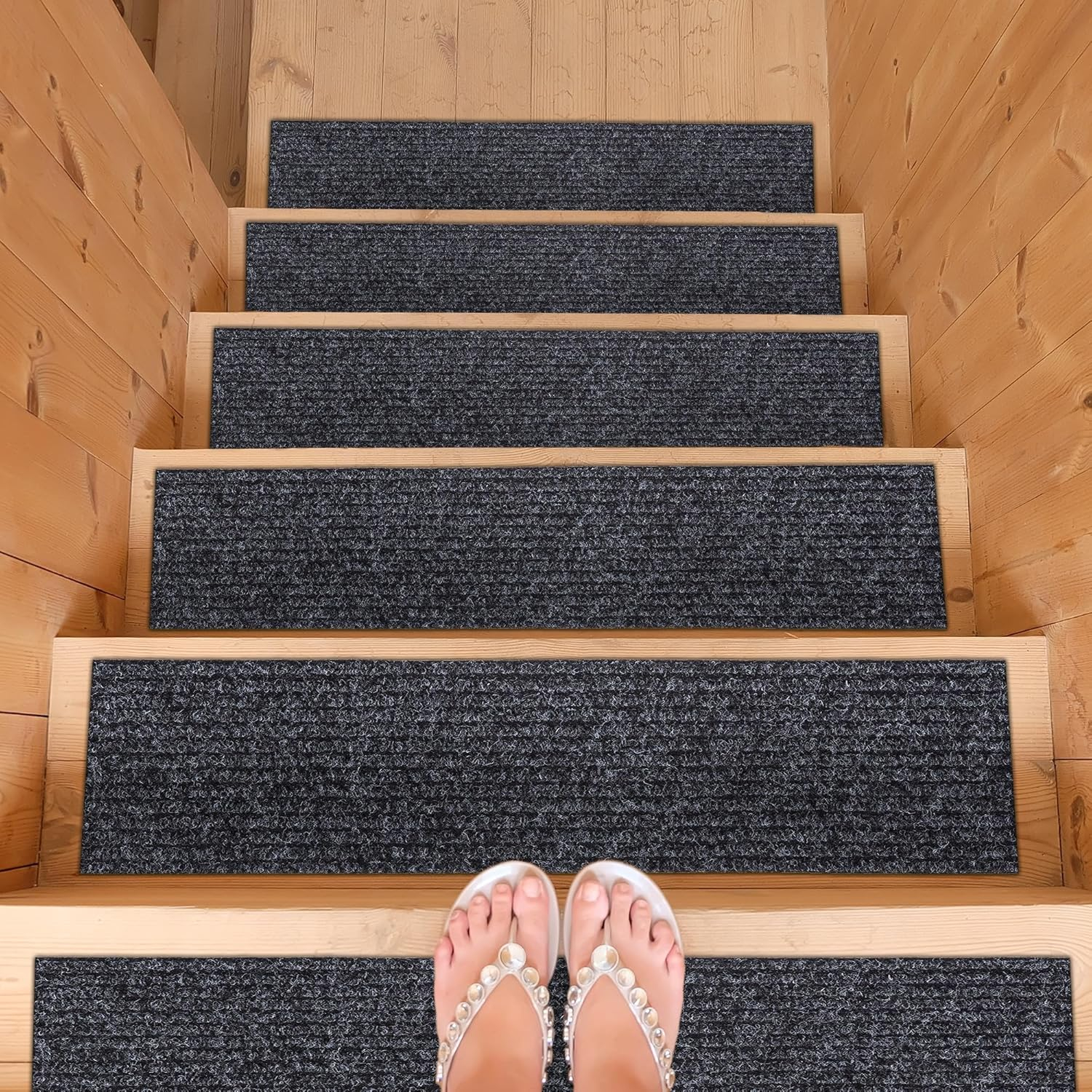 Ottomanson Non-Slip Rubberback Solid 8" x 30" Indoor/Outdoor Stair Treads for Stairs, Garage, Patio, 7 Pack, Black