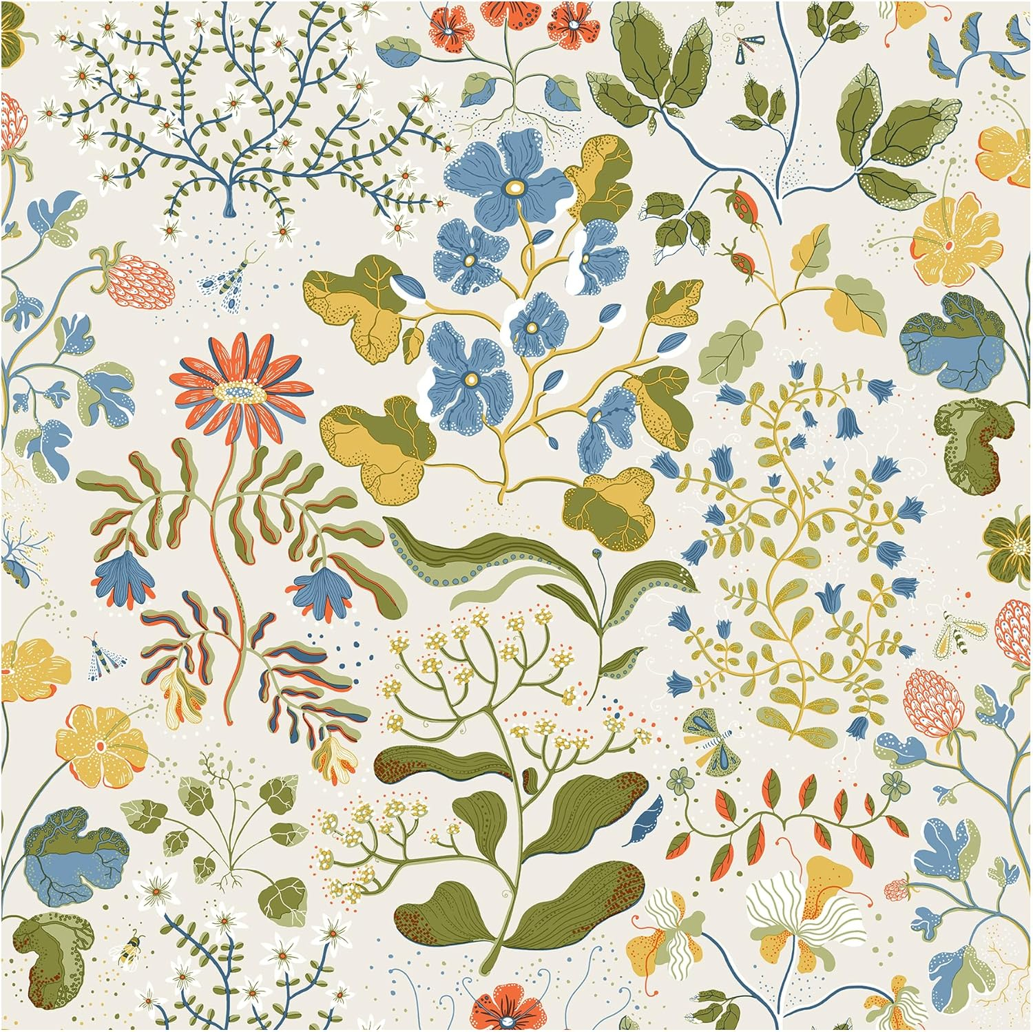 Scandinavian Floral Wallpaper Roll in Multicolor on White