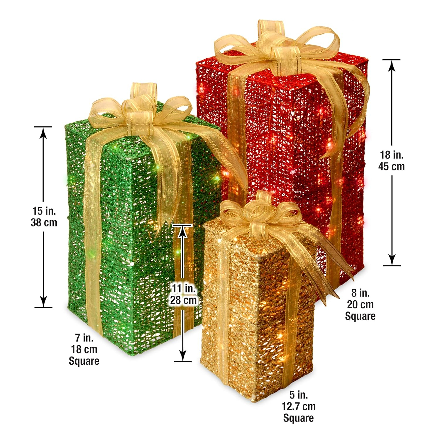 Festive Sisal Gift Boxes with Gold Lace and Lights, Set of 3
