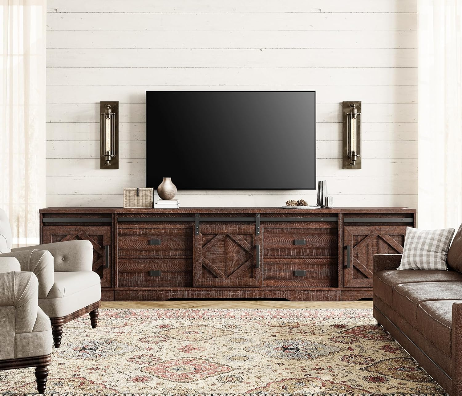 Farmhouse TV Stand for up to 110" TVs with Drawers and Adjustable Shelf for Living Room, Rustic Brown