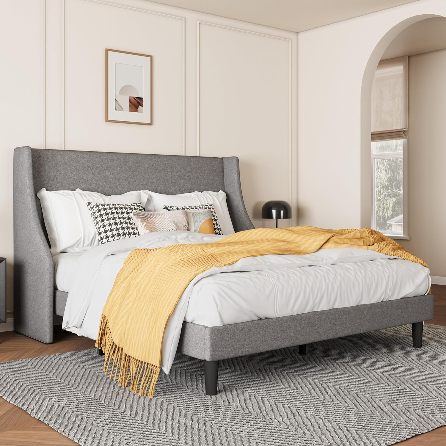SHA CERLIN Platform Bed Frame Queen Size with Upholstered Headboard – Sleek Wingback Design, Reinforced Wood Slat Support, Light Grey