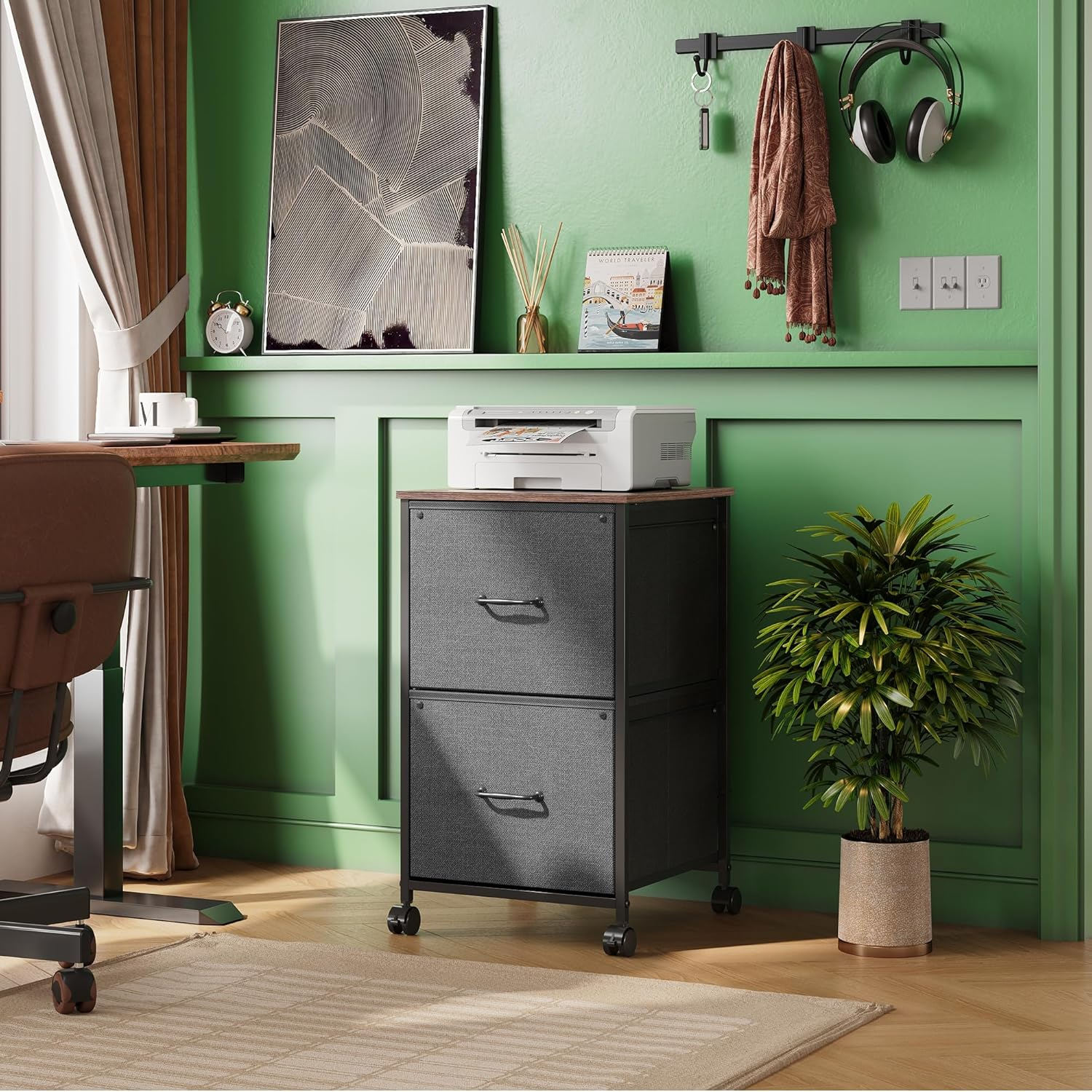 DEVAISE 2 Drawer Mobile File Cabinet, Rolling Printer Stand, Fabric Vertical Filing Cabinet fits A4 or Letter Size for Home Office, Rustic Brown