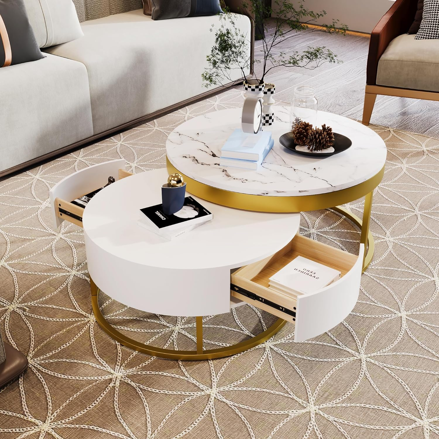 Modern Round Nesting Coffee Table with Drawers in White