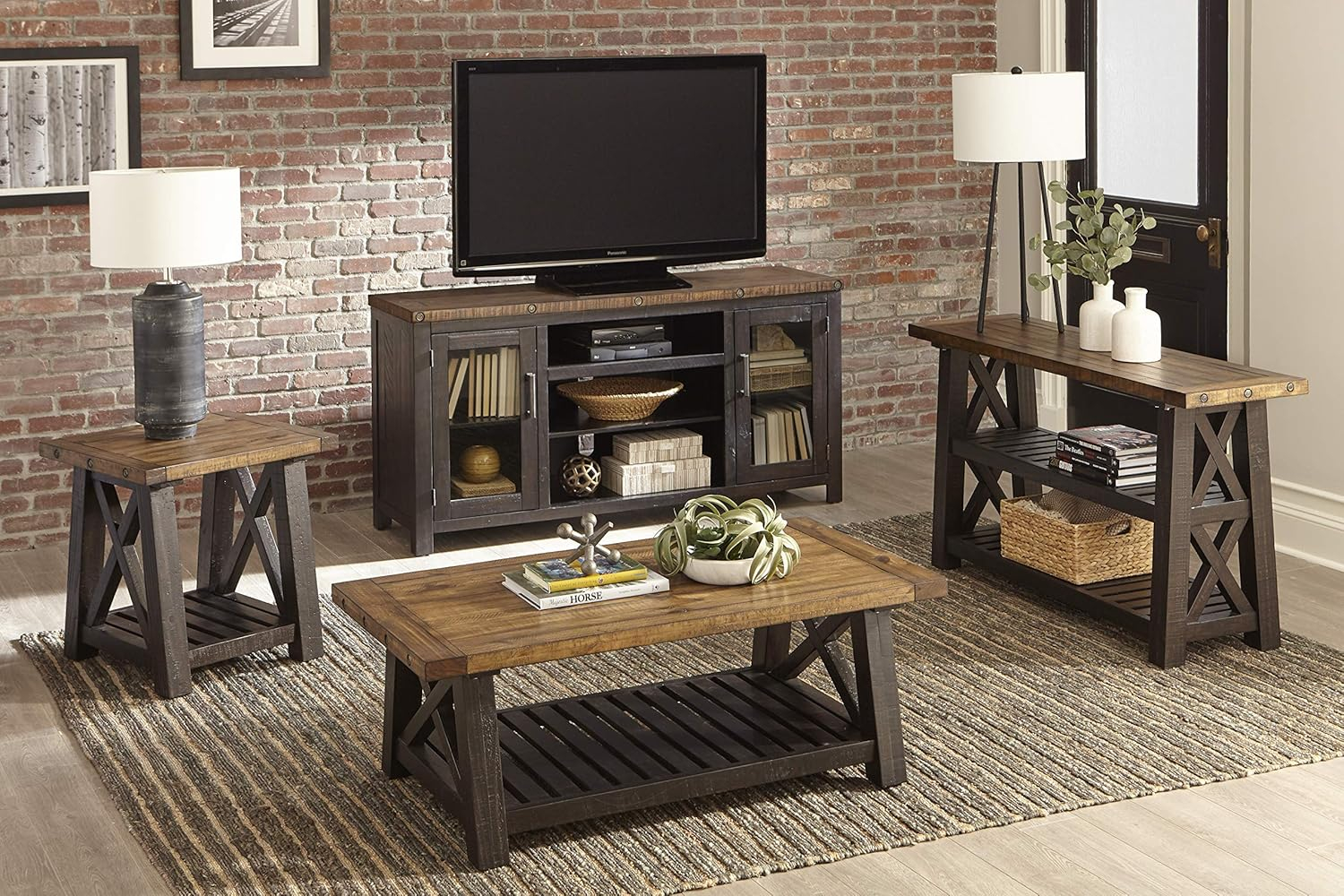 TV Stand with 2 Doors and Open Cubbies, Brown and Black- Saltoro Sherpi