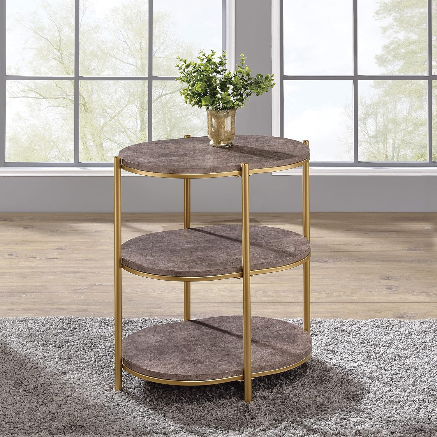 OSP Home Furnishings Renton 3-Tier Oval Side Table, Brown Stone Shelves and Soft Gold Frame
