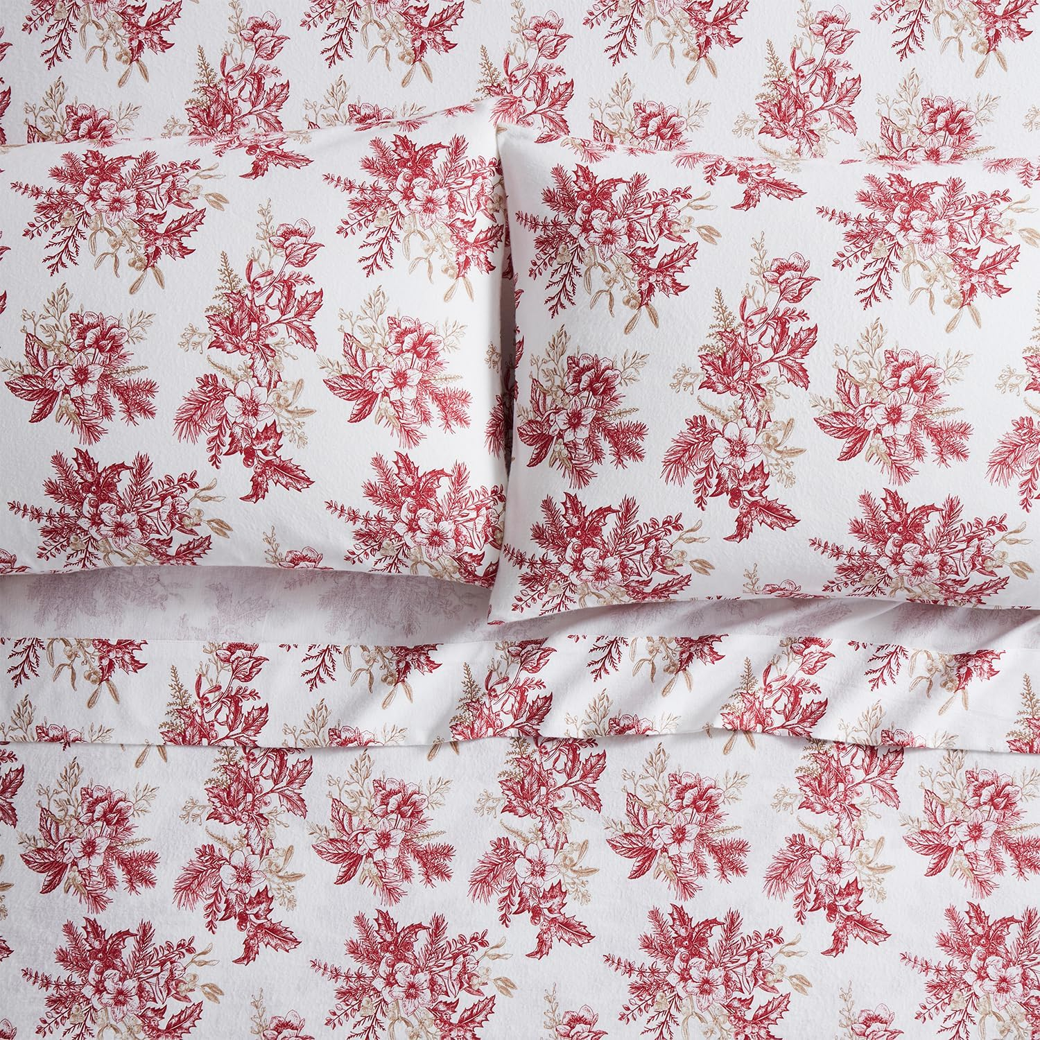Queen Red and White Cotton Flannel Floral Sheet Set