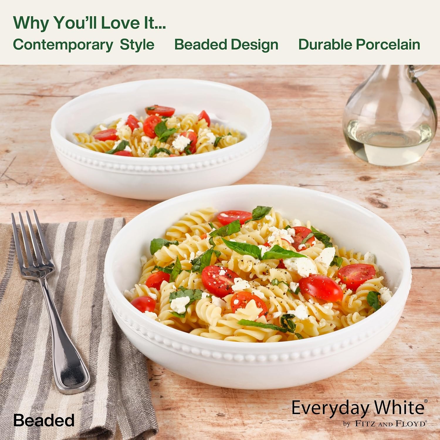 Everyday White by Fitz and Floyd Beaded Dinner Pasta Bowls, Set of 4