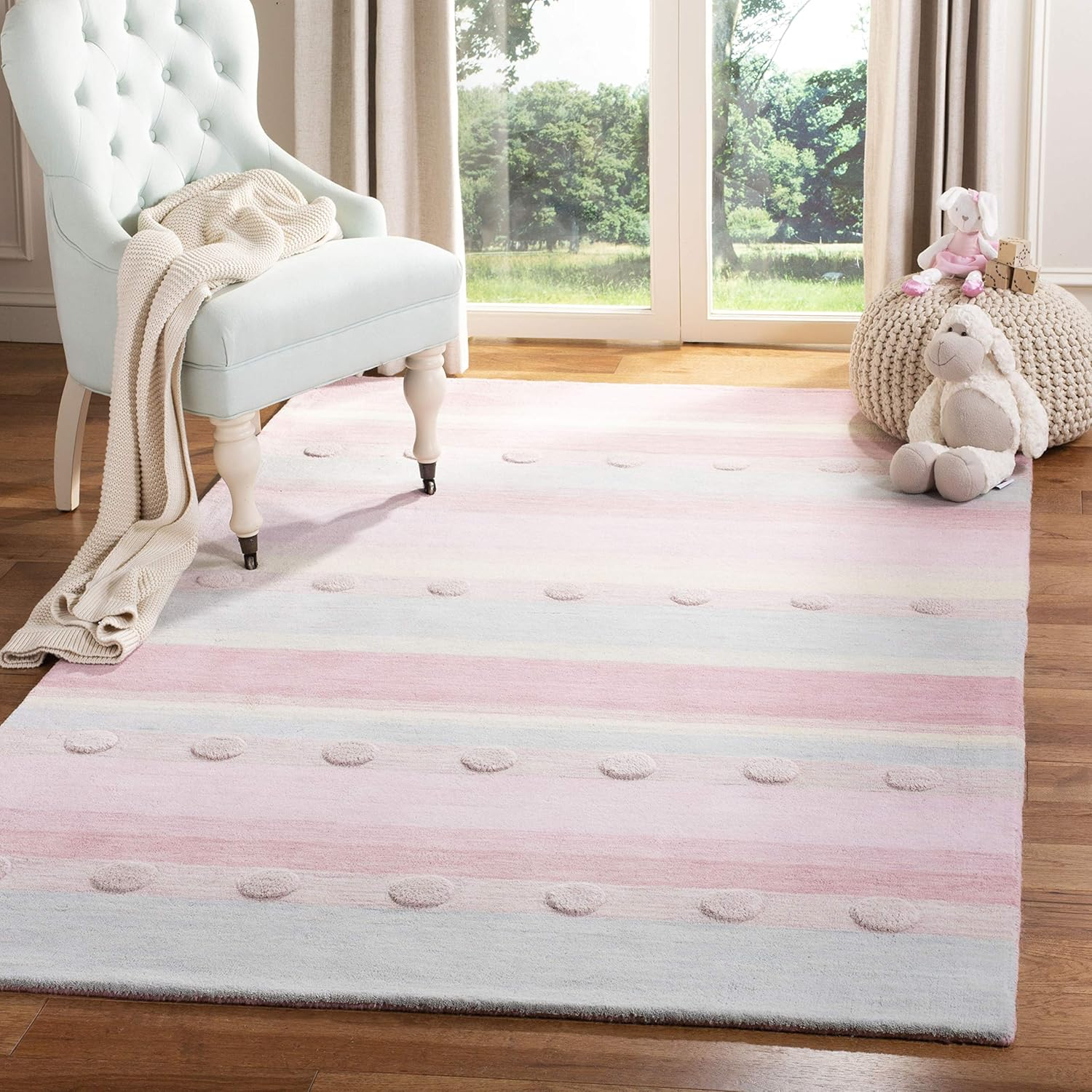 SAFAVIEH Kids Jayde Geometric Striped Wool Area Rug, Light Blue/Pink, 6' x 9'