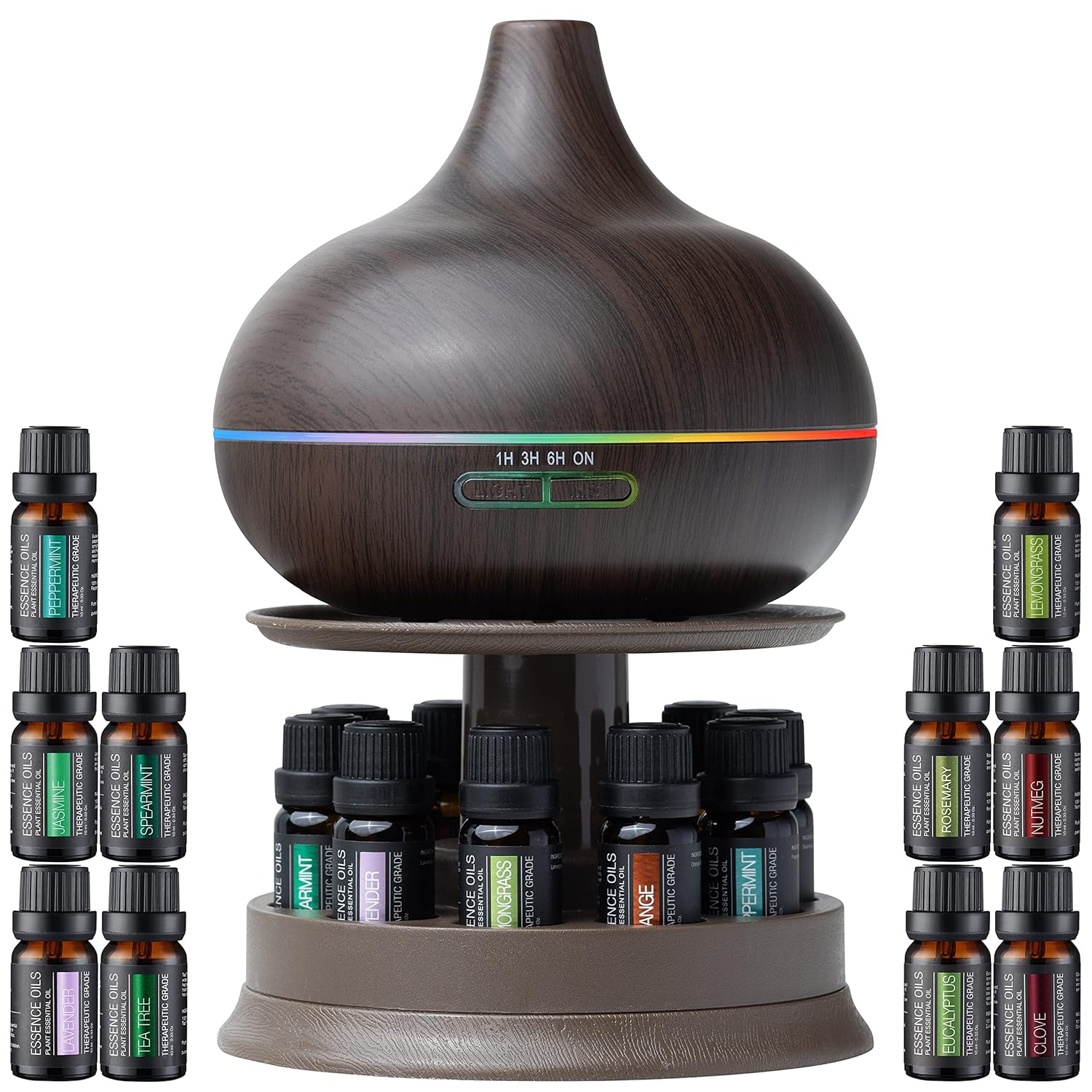 Pure Daily Care Aromatherapy Diffuser Set with Rotating Stand - 300 ml, 10 Essential Oils (Dark Brown)